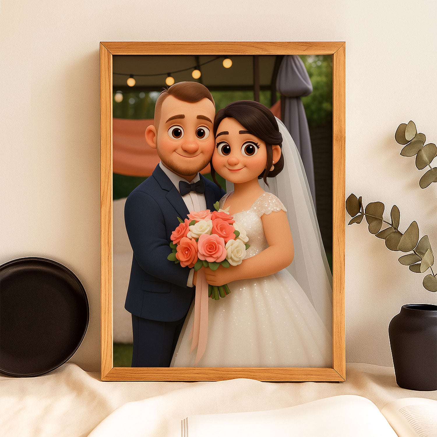 Whimsical Wedding Portrait: Charming Animated Style Art of Bride and Groom Embracing, Perfect for Love Celebrations
 - 1