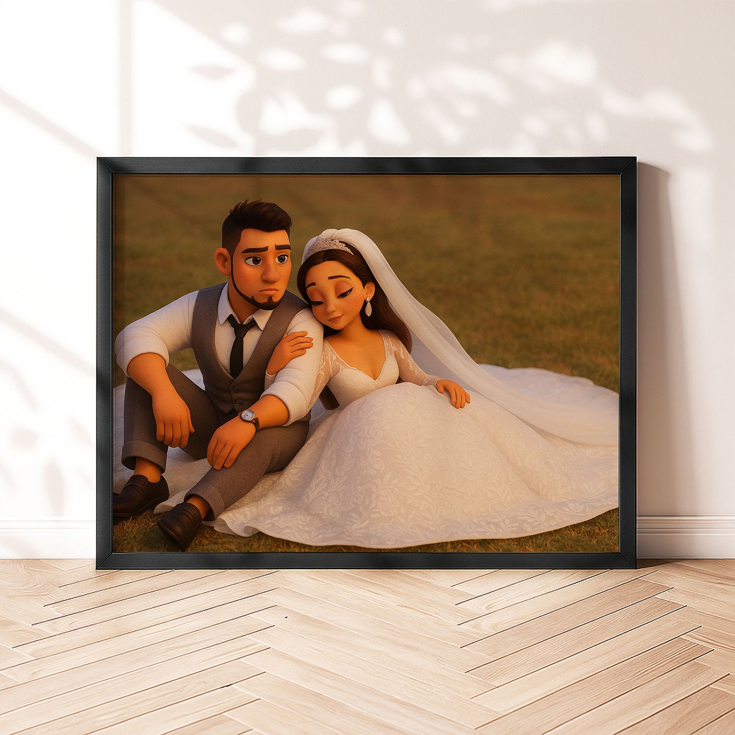 Charming Cartoon Wedding Portrait of a Bride and Groom in a Lush Forest Setting
 - 1