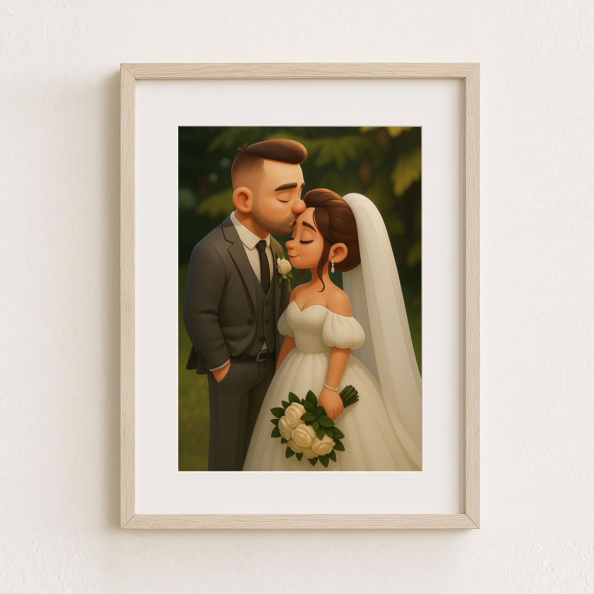 Whimsical Wedding Portrait: Charming Cartoon Art of Bride and Groom in Love
 - 1
