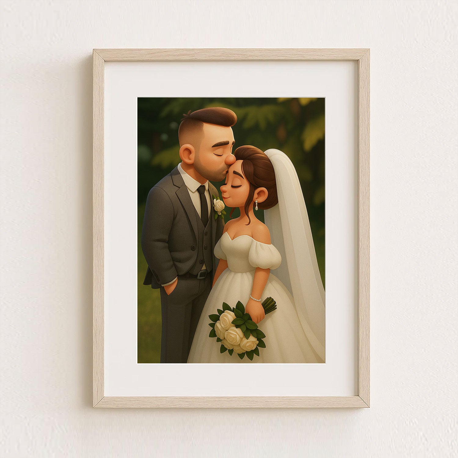 Whimsical Wedding Portrait: Charming Cartoon Art of Bride and Groom in Love
 - 1