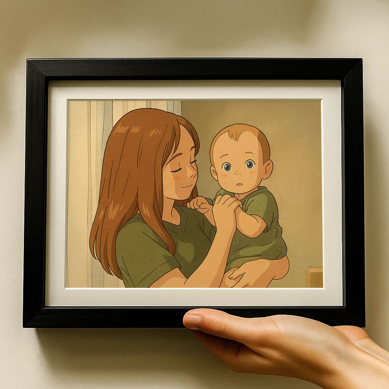Heartwarming Illustration of a Mother Embracing Her Baby - Cozy Home Decor Art Print in Smooth Cartoon Style
 - 1