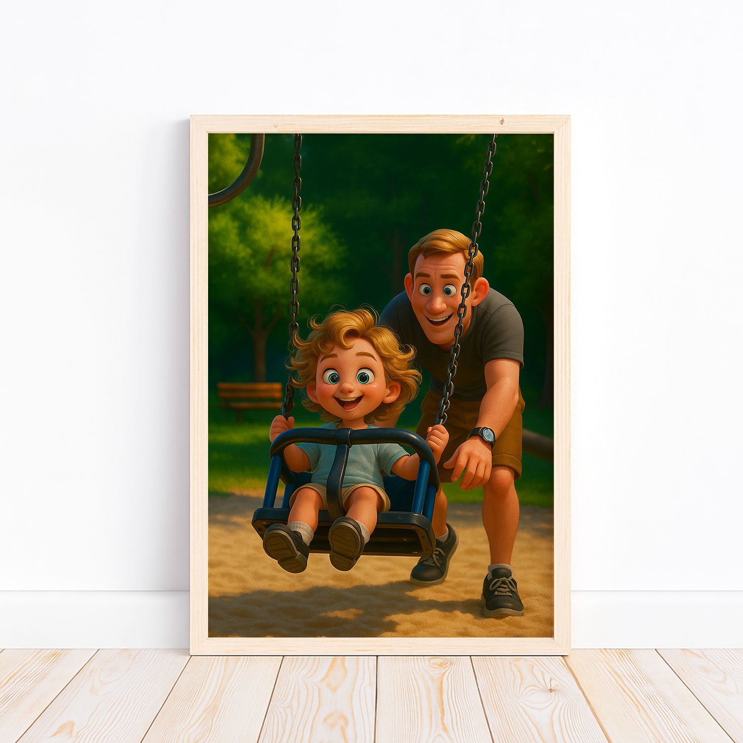 Heartwarming Father-Son Bond: Colorful Cartoon Art Print Celebrating Family Joy
 - 1