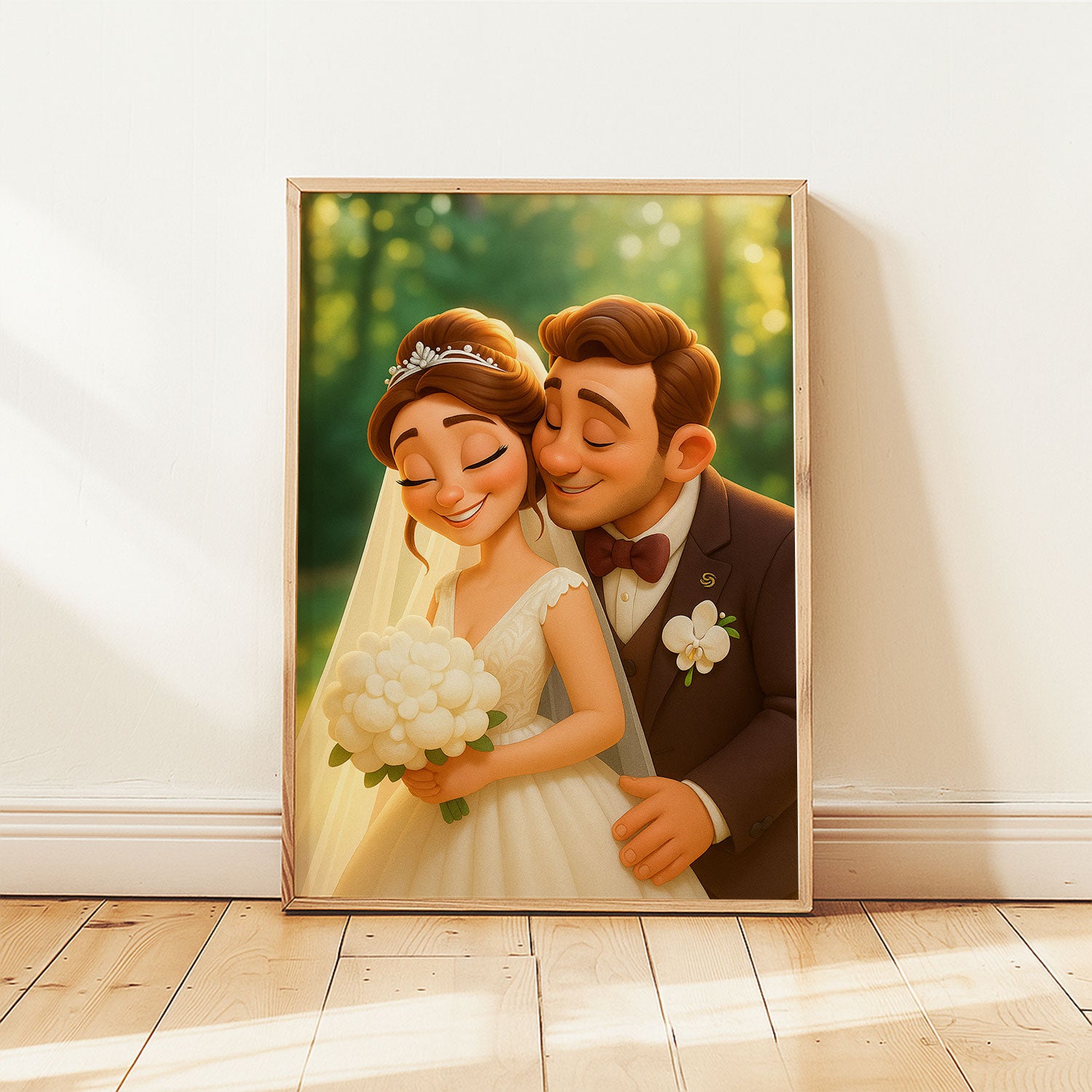 Charming Wedding Illustration: Disney-Inspired Romantic Couple in Lush Garden
 - 1