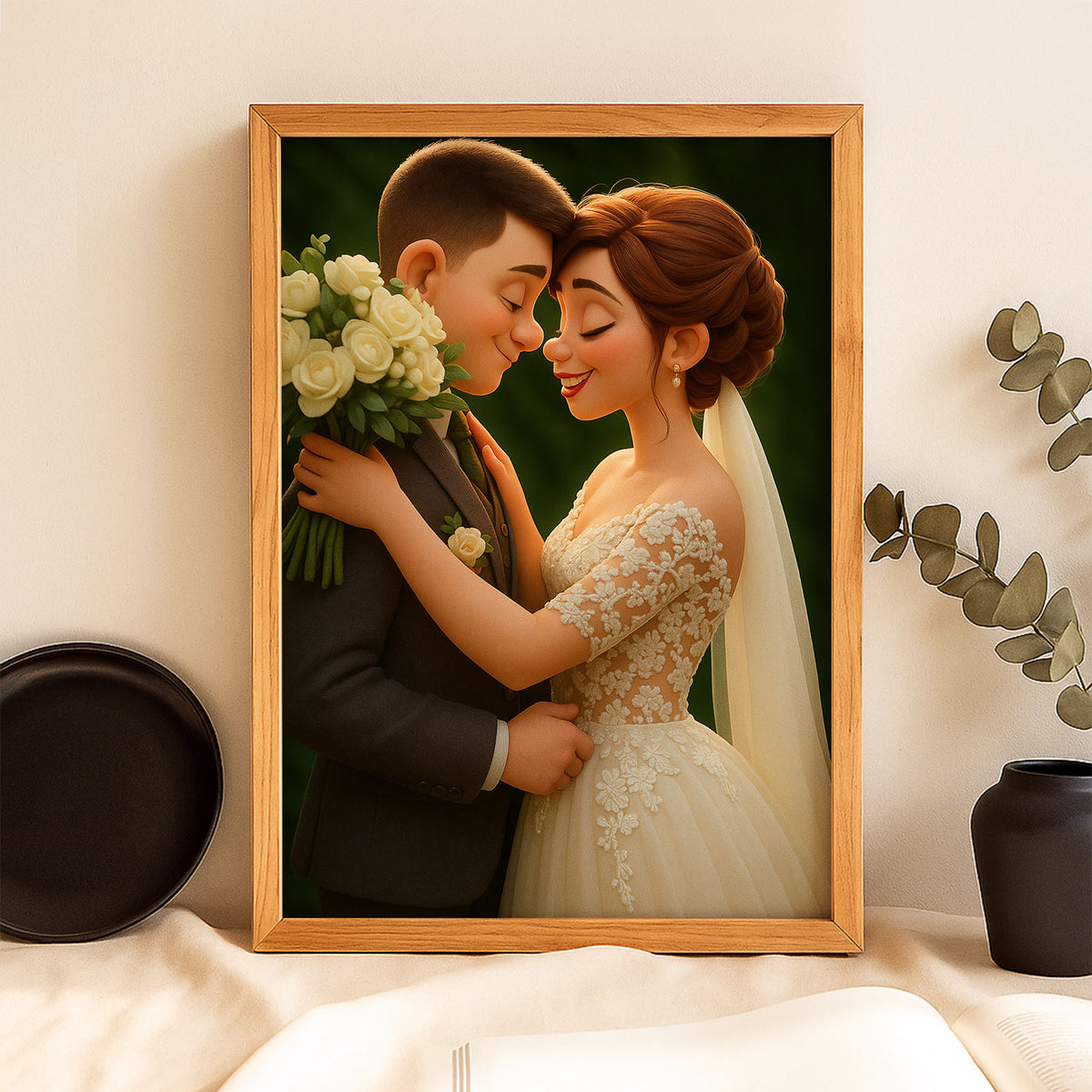 Charming Cartoon Wedding Artwork: Celebrating Love with a Cute Bride and Groom Illustration in a Whimsical Style
 - 1