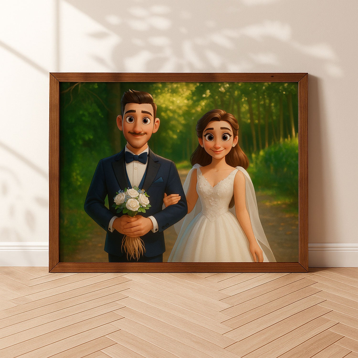 Whimsical Couple Portrait: Charming Animated Wedding Art for a Blissful Home Décor
 - 1