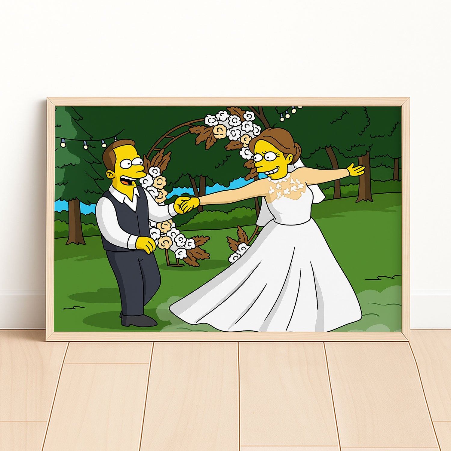 Whimsical Cartoon Wedding Art Print Featuring Cheerful Couple in Unique Animated Style
 - 1