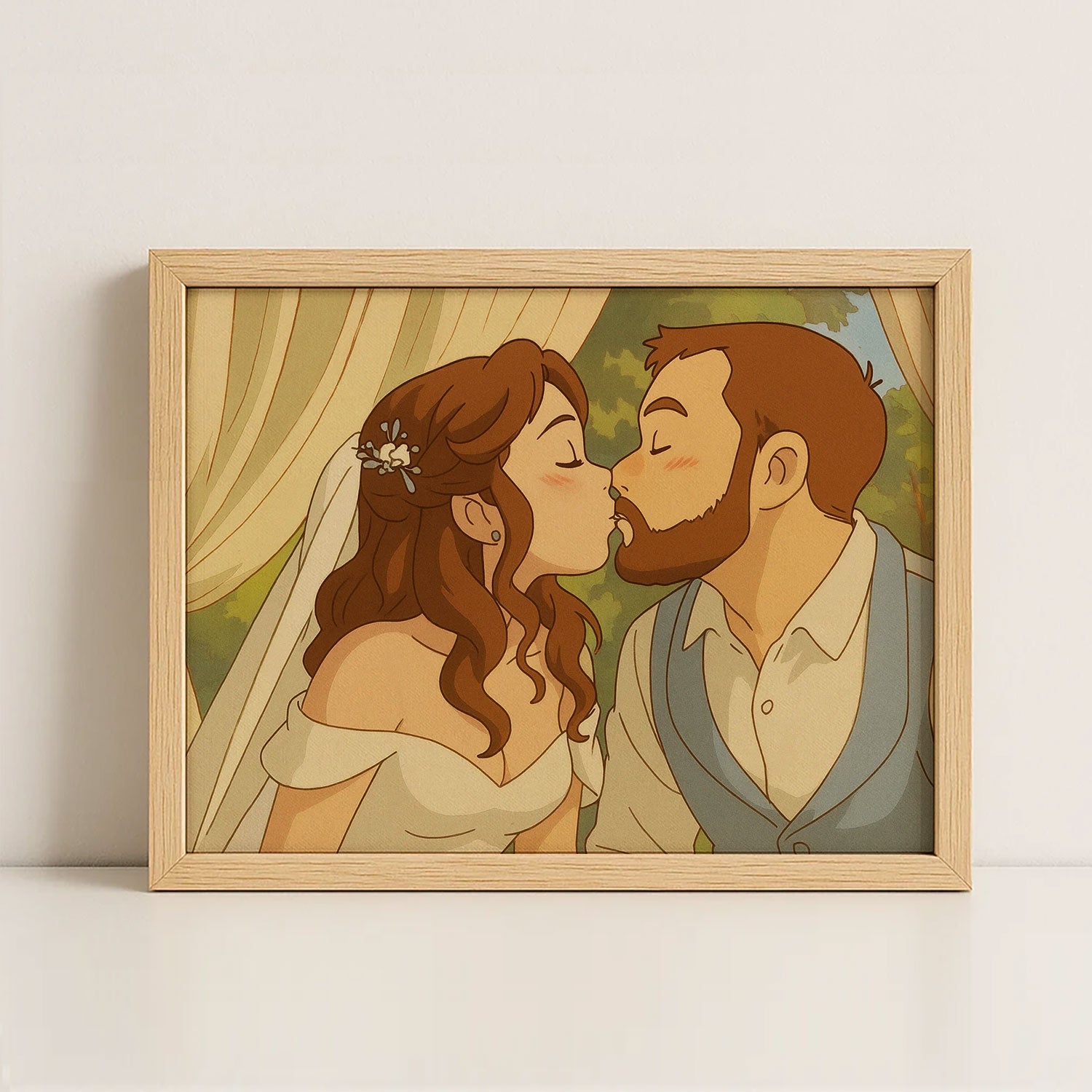 Charming Wedding Kiss Art Print - Romantic Cartoon Style Love Illustration for Your Home Decor
 - 1