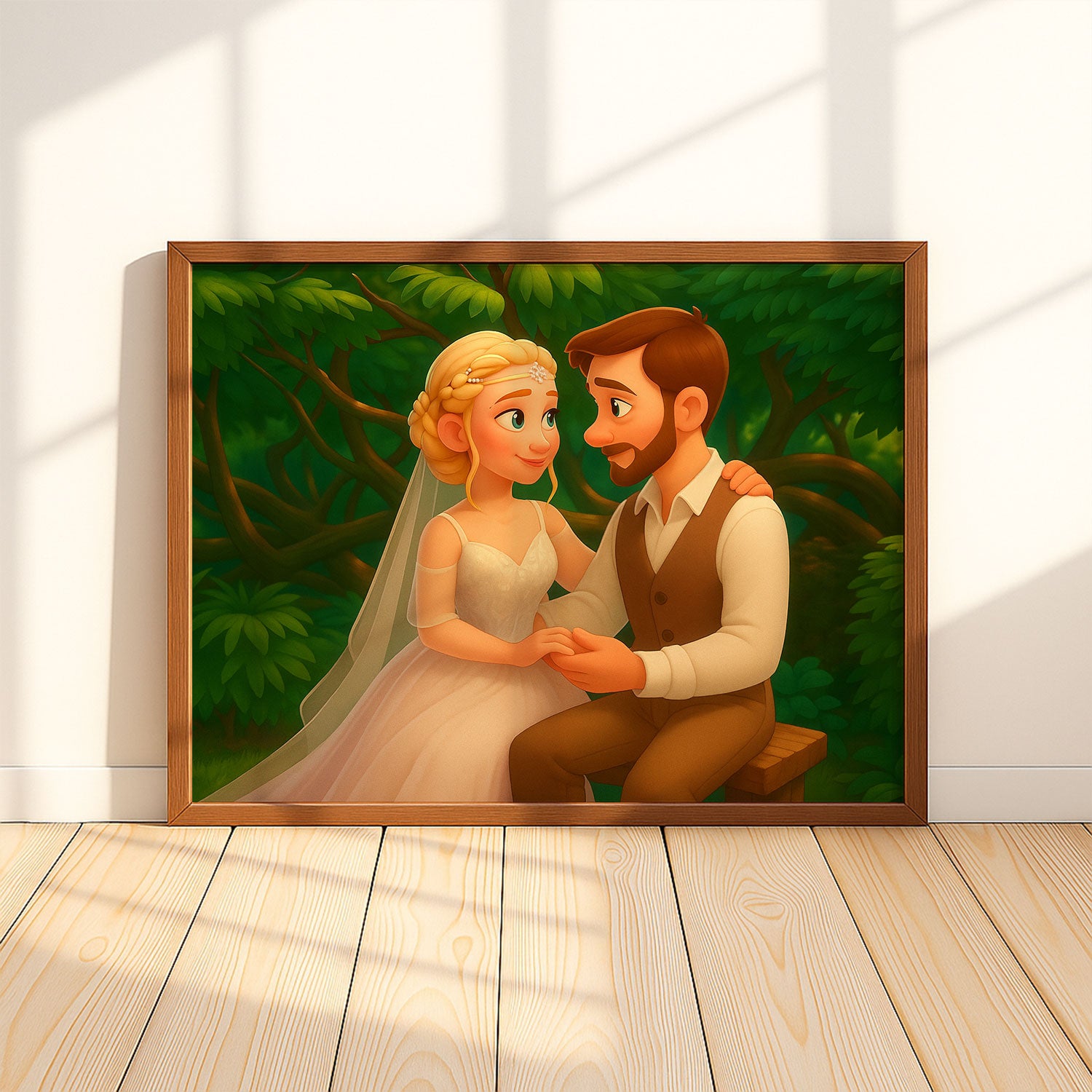 Whimsical Wedding Portrait: Charming Animated Style Art of Happy Couple on Their Special Day
 - 1