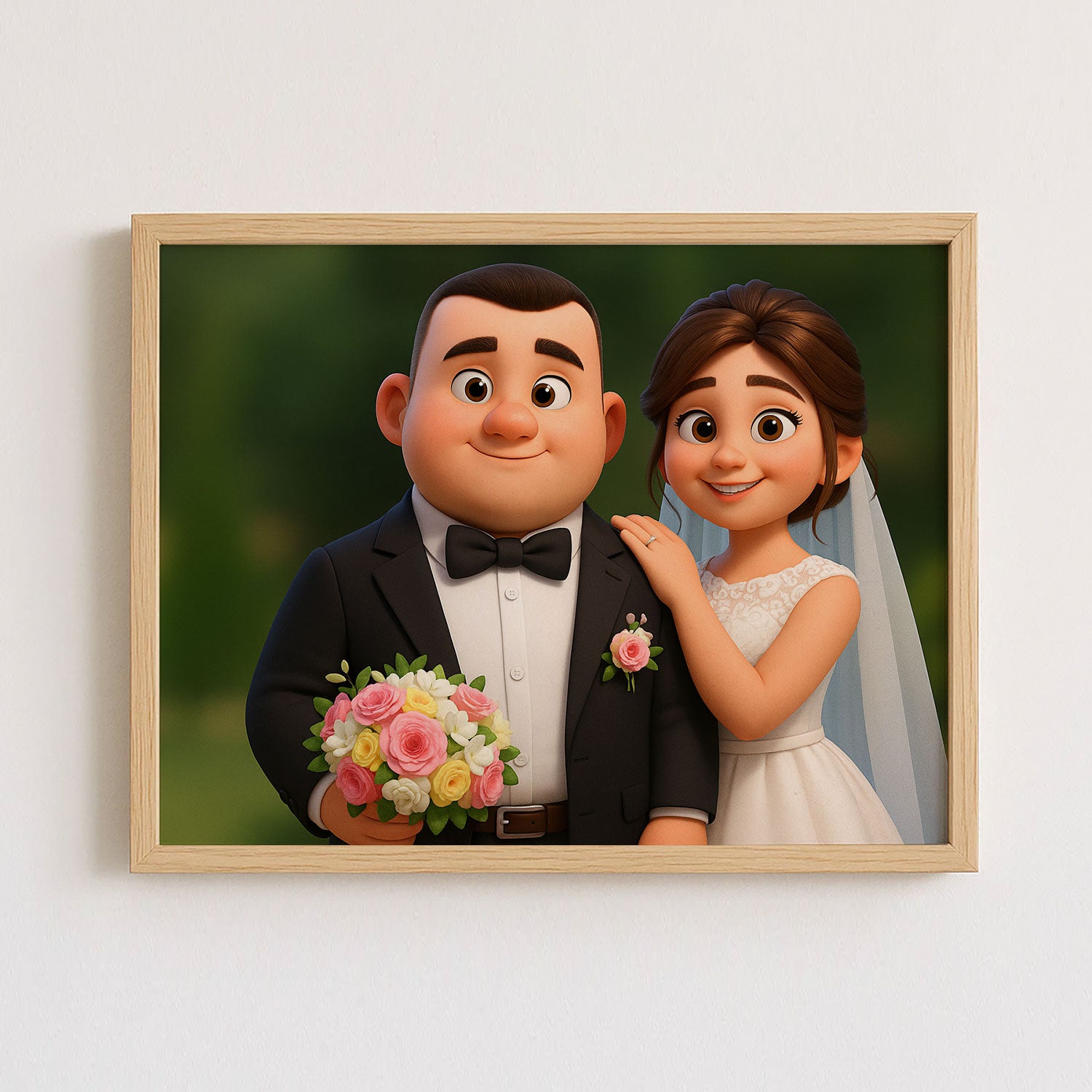 Charming Cartoon Wedding Portrait of a Bride and Groom in Whimsical Art Style for Your Home Decor
 - 1