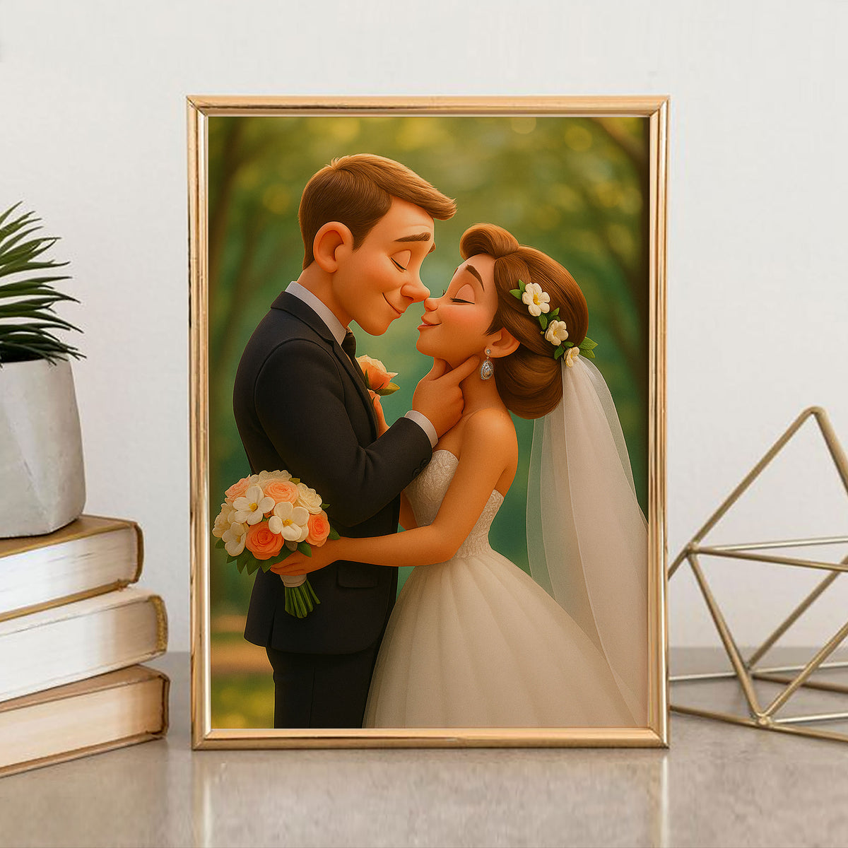 Charming Cartoon Wedding Portrait of a Loving Couple – Perfect for Home Decor and Gifts
 - 1