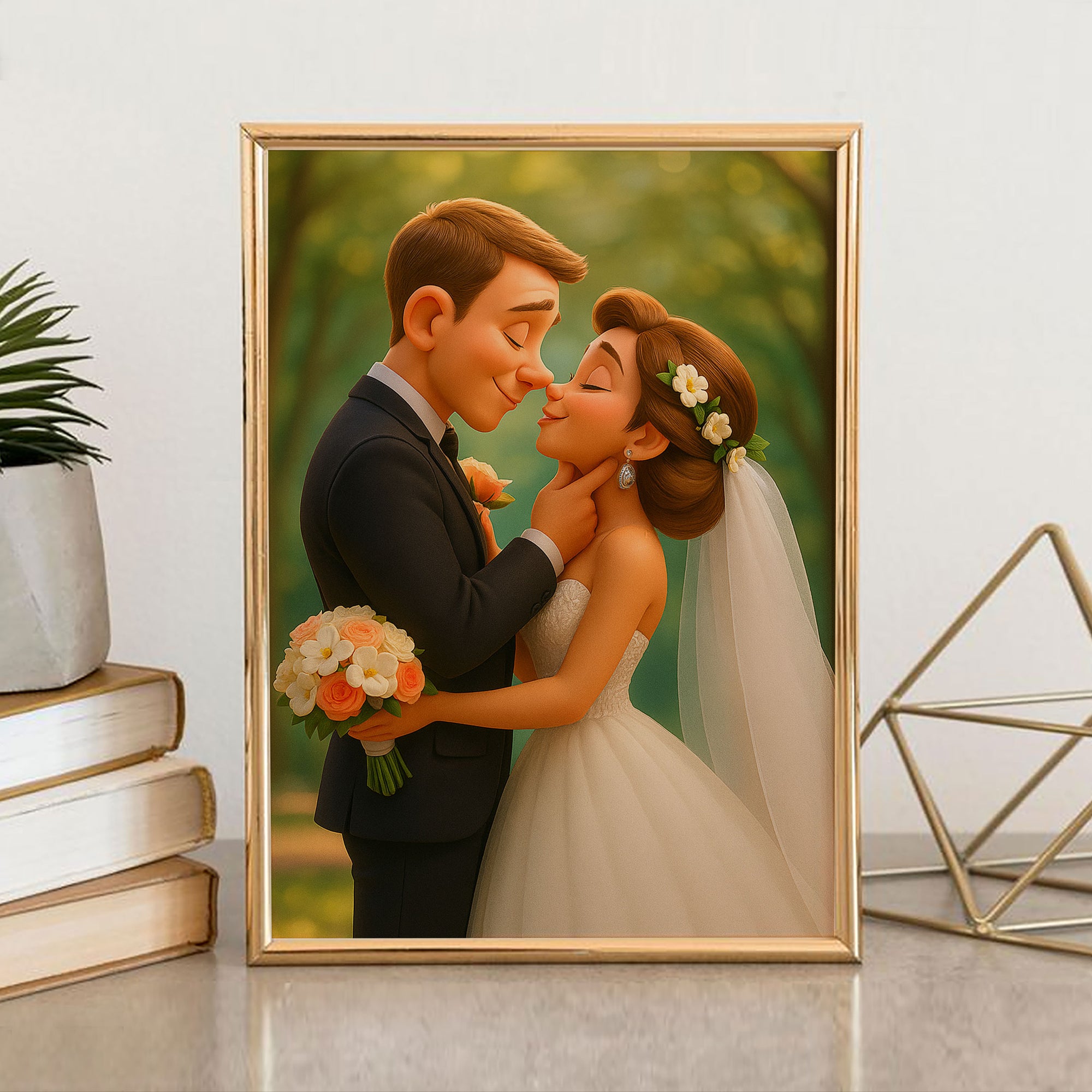 Charming Cartoon Wedding Portrait of a Loving Couple – Perfect for Home Decor and Gifts
 - 1