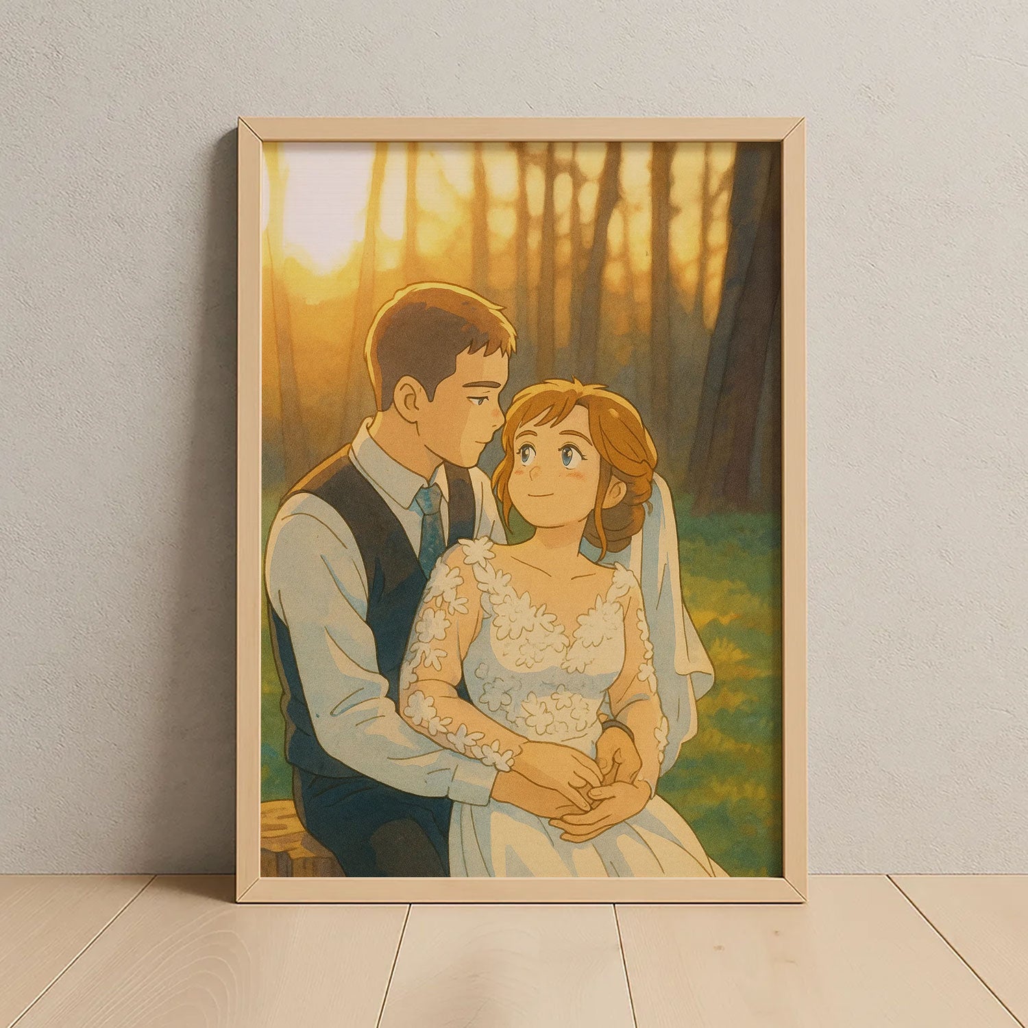 Charming Watercolor Wedding Portrait of Happy Couple with Vibrant Flowers - Perfect for Home Décor
 - 1