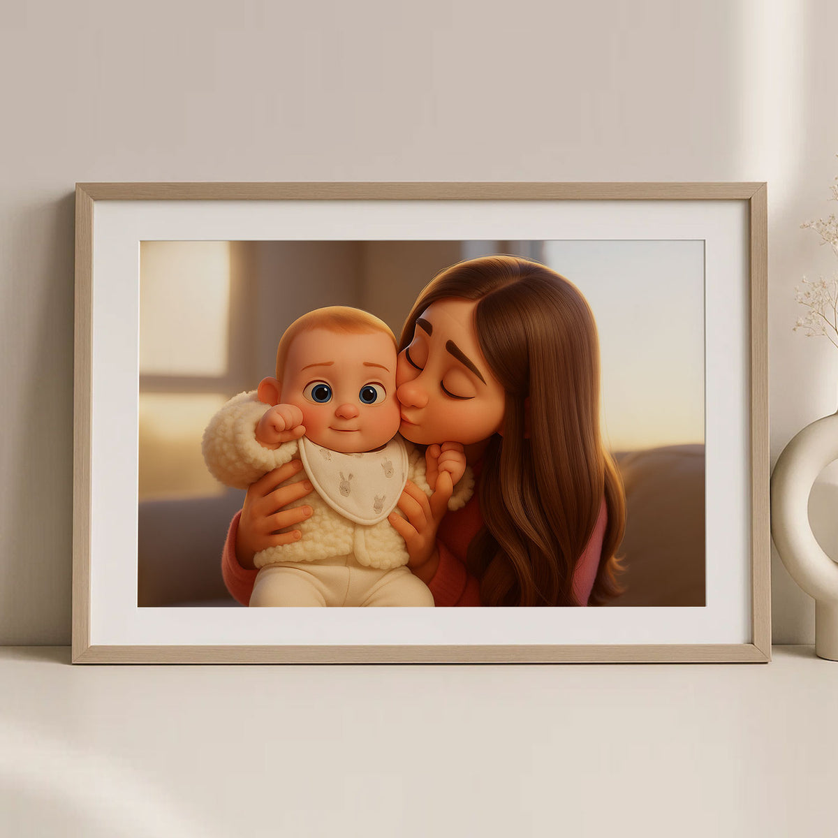 Heartwarming Cartoon Illustration of a Mother Snuggling with Her Sleeping Baby – Perfect for Nursery Decor and Family Love
 - 1