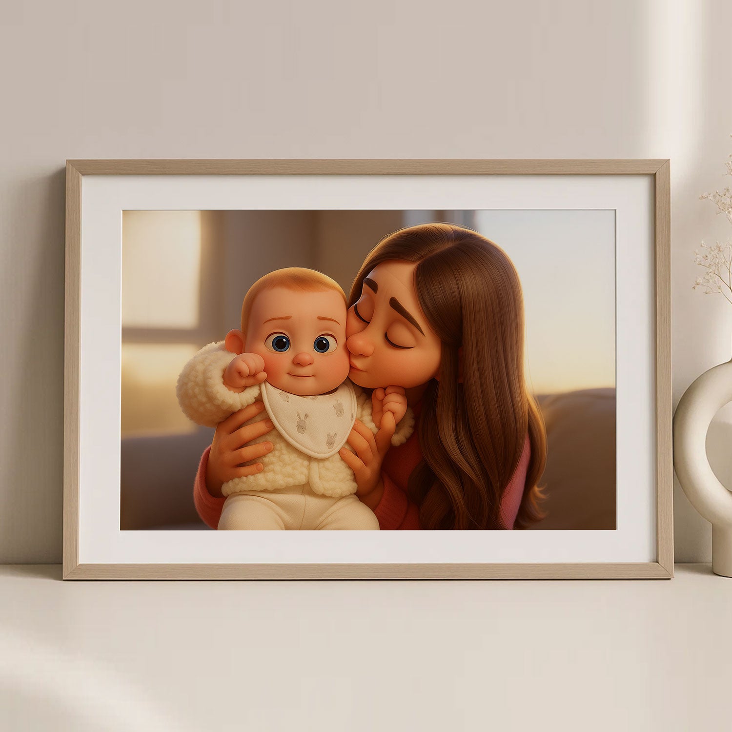Heartwarming Cartoon Illustration of a Mother Snuggling with Her Sleeping Baby – Perfect for Nursery Decor and Family Love
 - 1