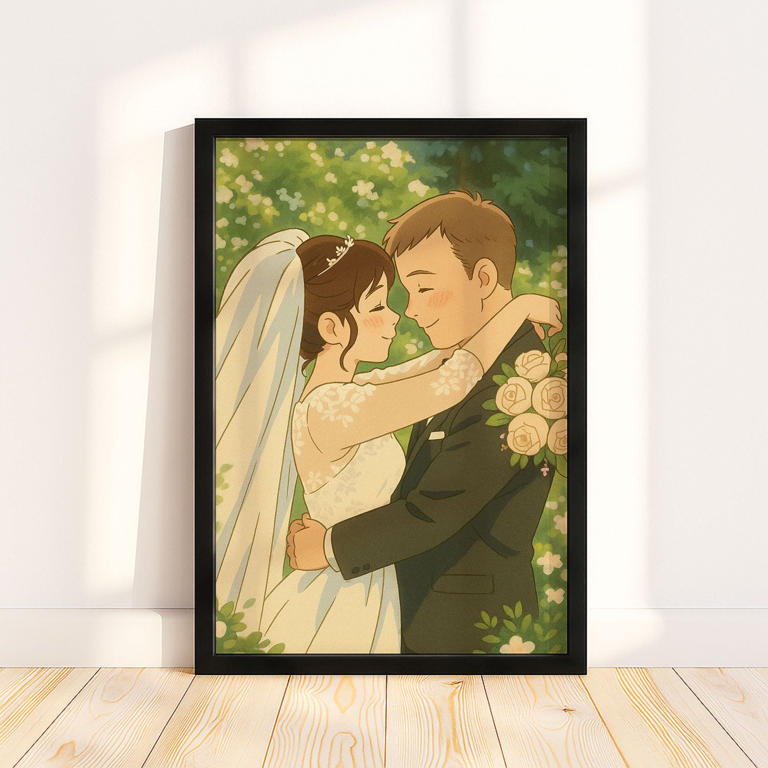 Charming Anime Wedding Portrait: Delightful Couple Illustration in Soft Colors and Joyful Style
 - 1
