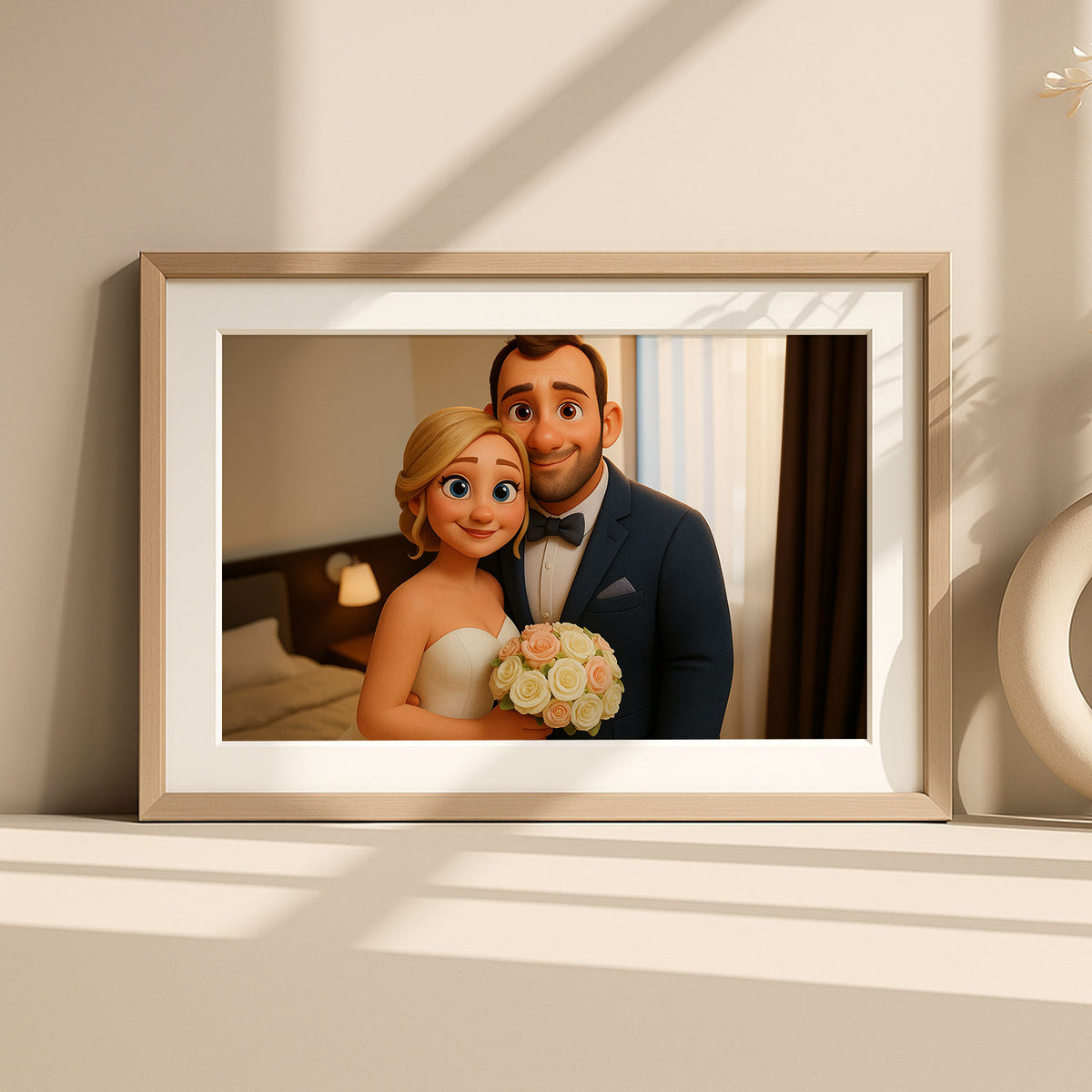 Charming Cartoon Wedding Portrait of Happy Couple in Vibrant Animation Style - Ideal for Home Decor
 - 1