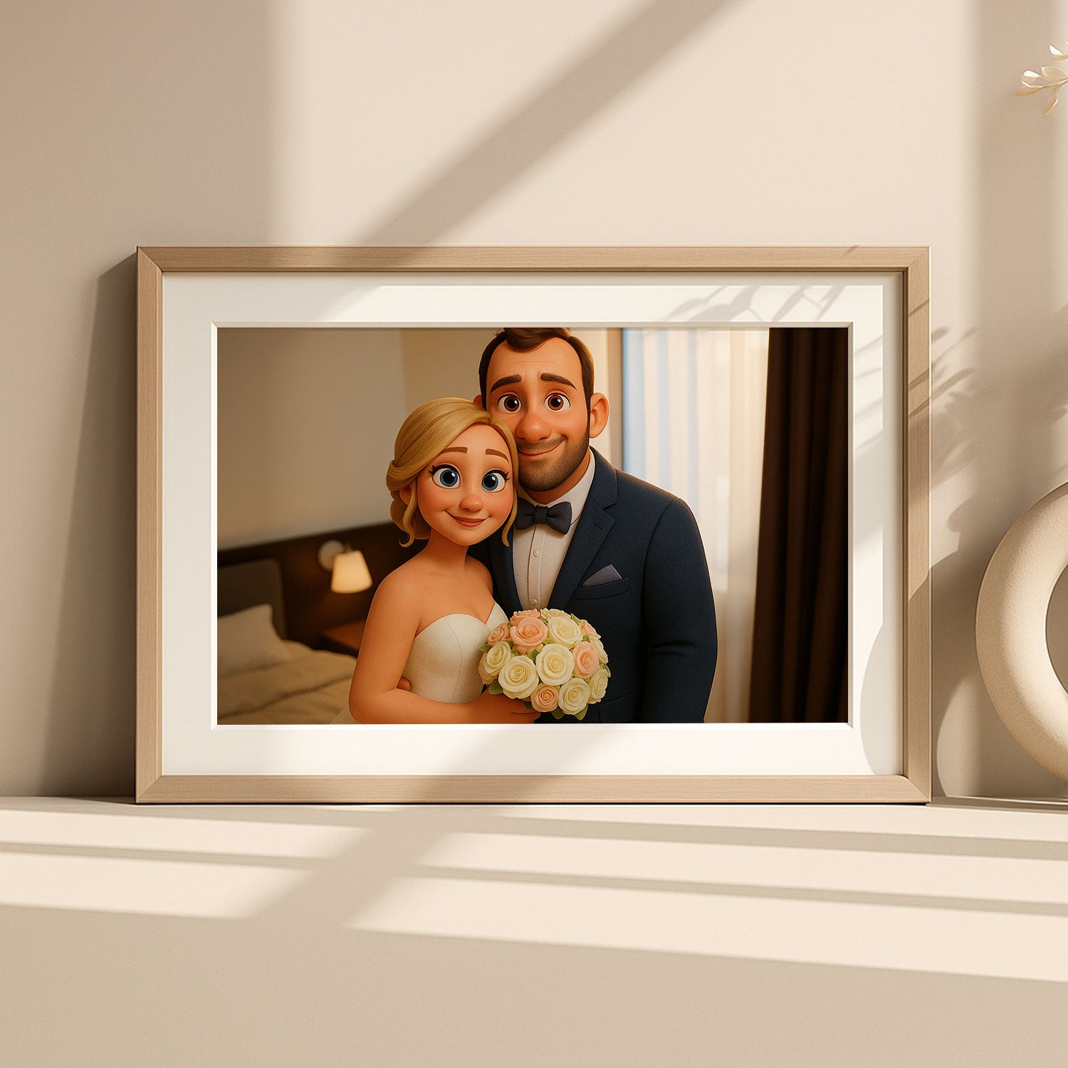 Charming Cartoon Wedding Portrait of Happy Couple in Vibrant Animation Style - Ideal for Home Decor
 - 1