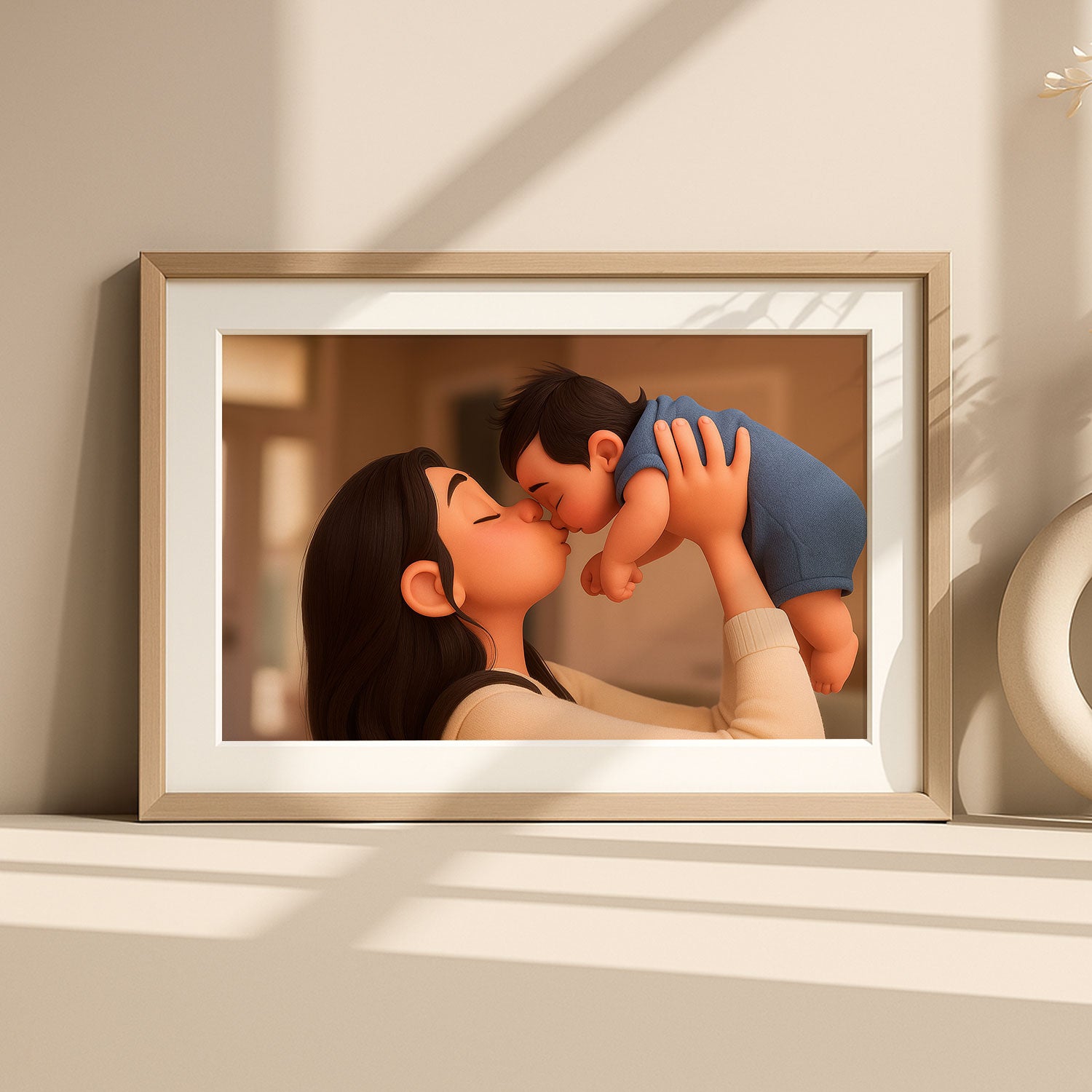 Adorable Cartoon Mom and Baby Art Print: Celebrate Love and Bonding in a Cozy Home Setting!
 - 1