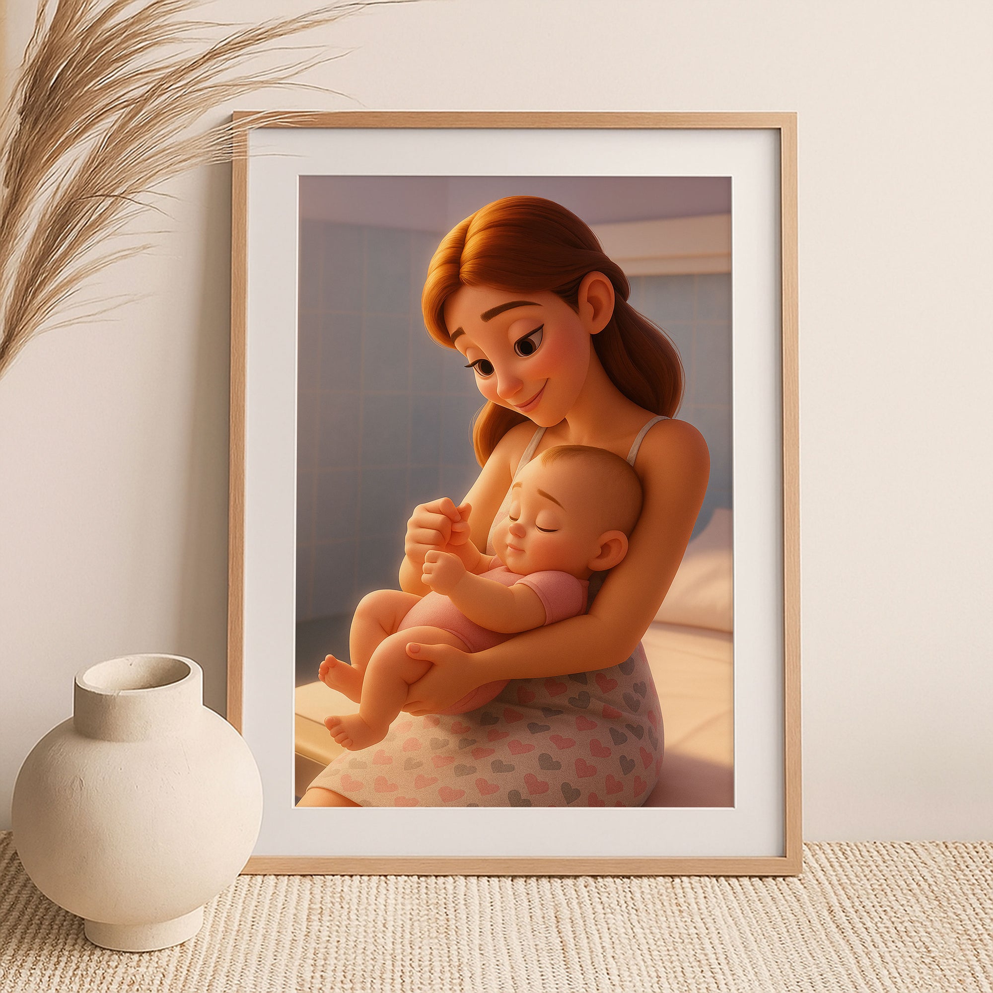 Charming Disney-Style Illustration of a Loving Mother with Baby - Perfect for Nursery Decor and Family Art
 - 1