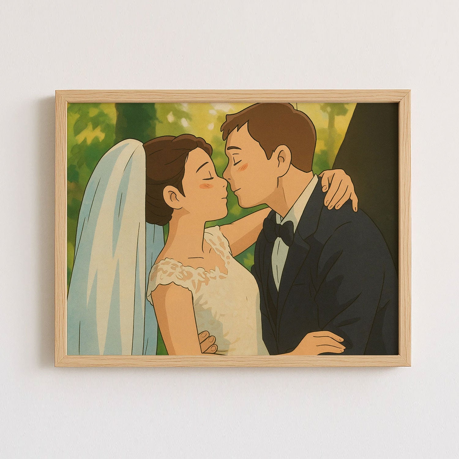 Charming Cartoon Wedding Art Print: Joyful Couple in Love Walking Together
 - 1
