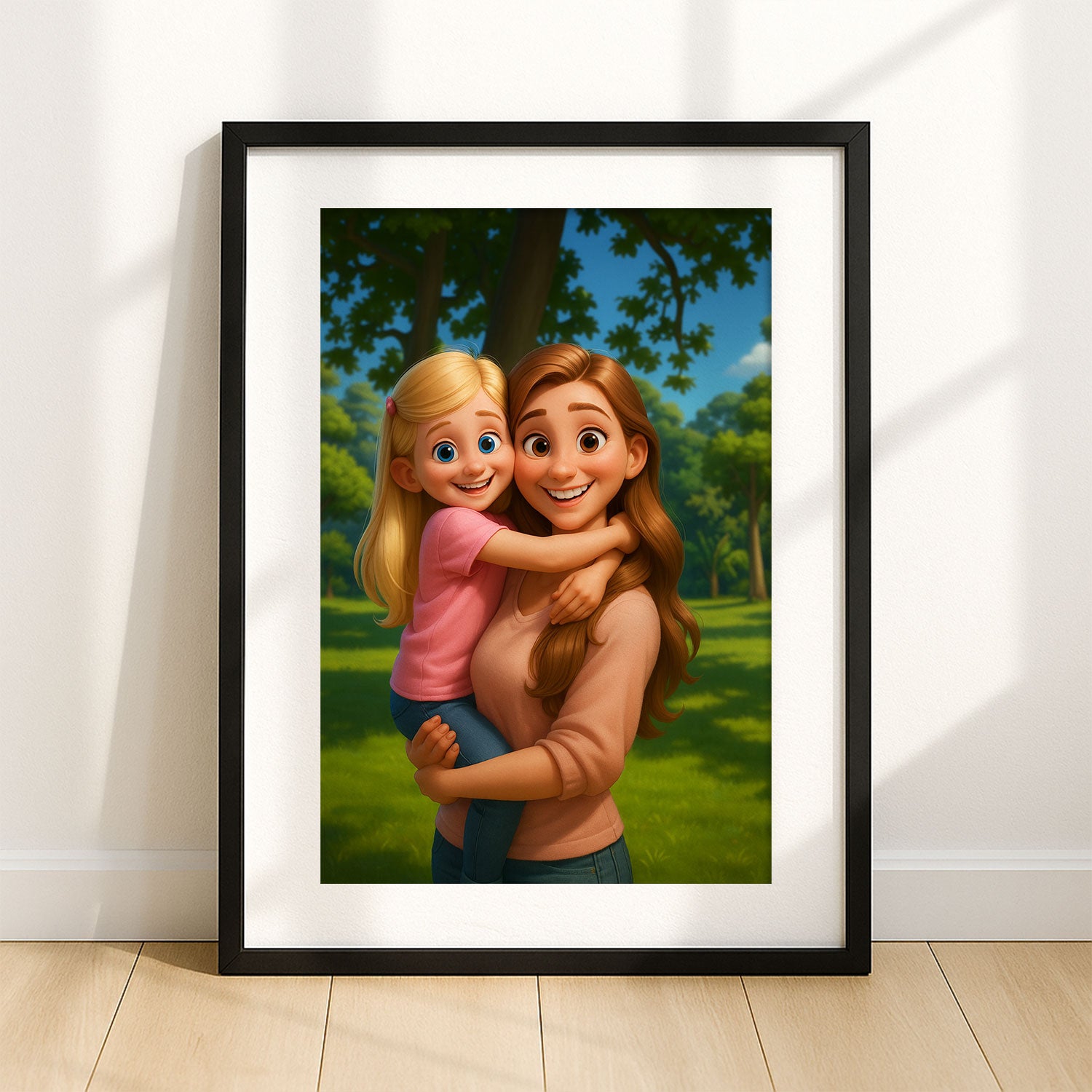Charming Mother-Daughter Cartoon Art Print: Whimsical Illustration for Family Decor
 - 1