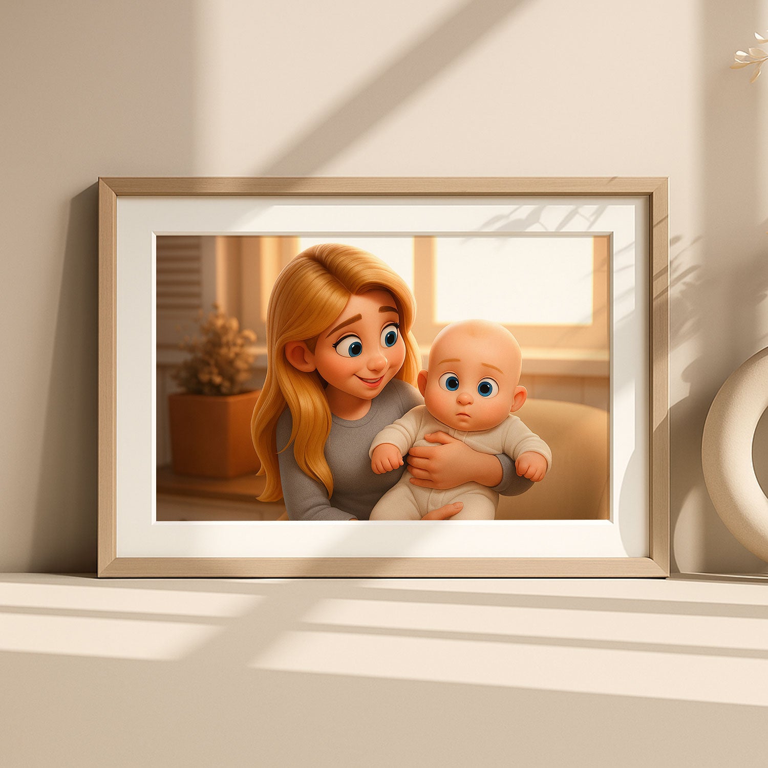 Warm and Joyful Mother-Baby Bond: Enchanting Cartoon Art Print for Nursery Decor
 - 1