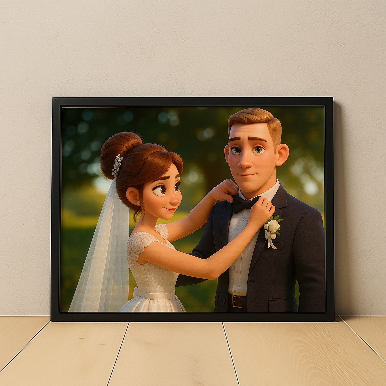 Charming Cartoon Couple Embracing in Lush Greenery – Whimsical Art for Your Home Decor
 - 1