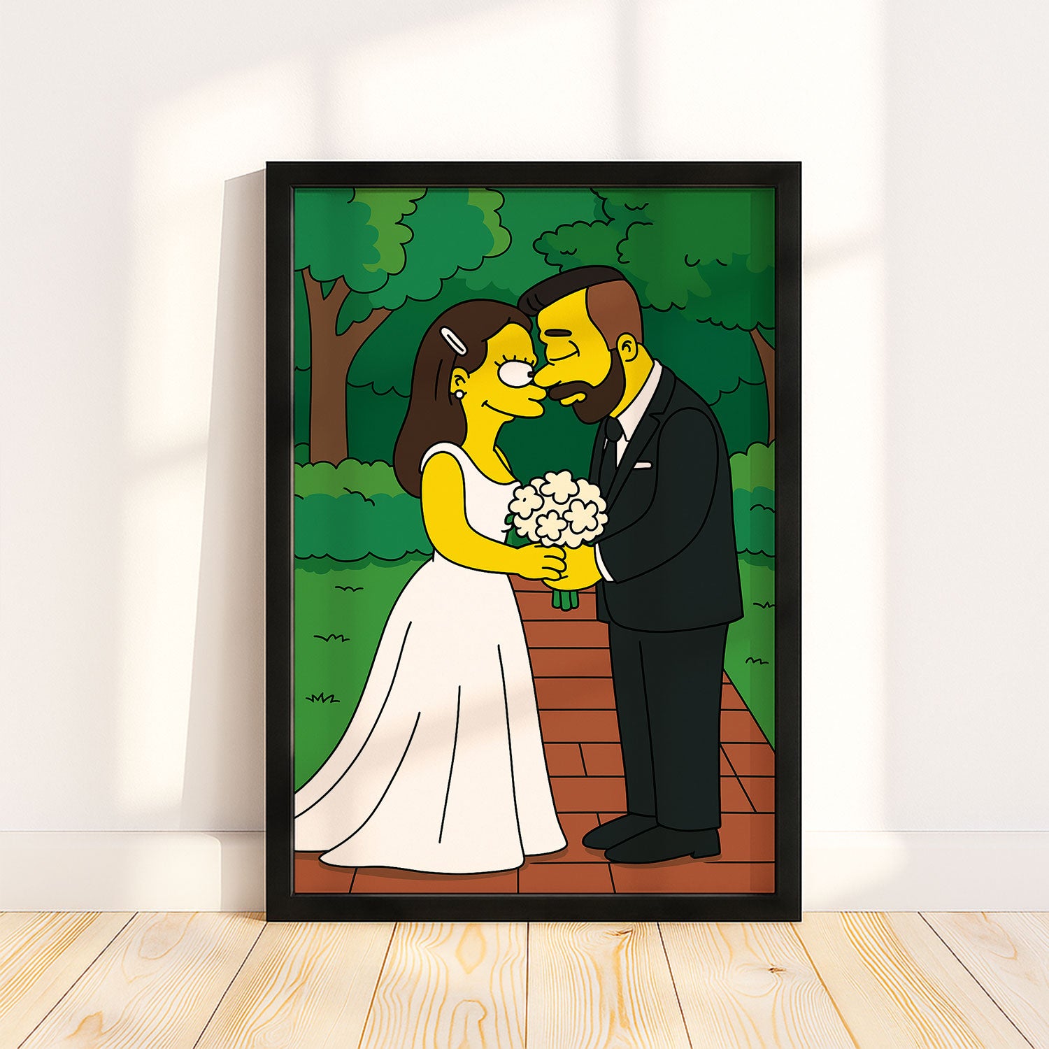 Whimsical Cartoon Wedding Kiss Art Print - Yellow Characters in a Romantic Forest Scene
 - 1