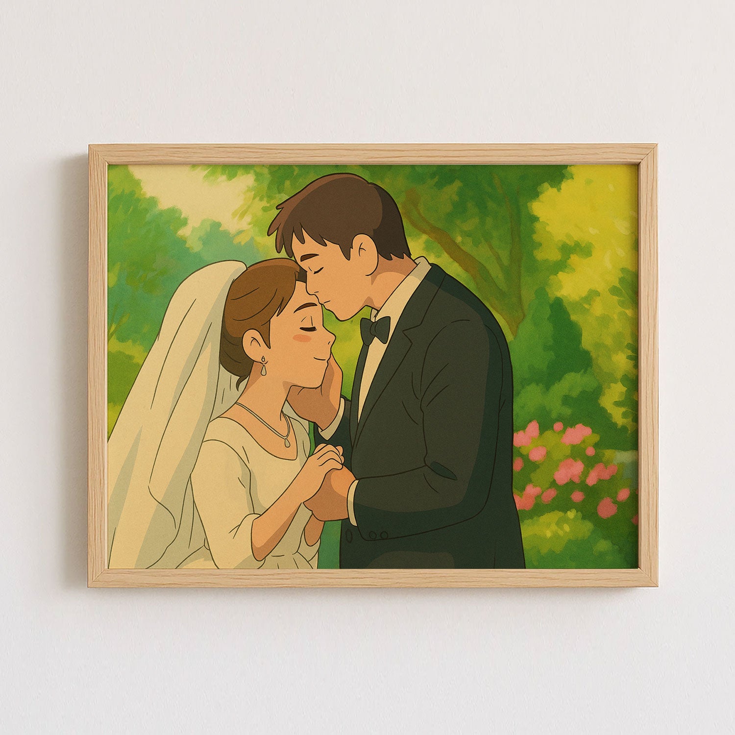 Romantic Cartoon Wedding Kiss Art Print - Elegant Couple Illustration for Home Décor
 - 1