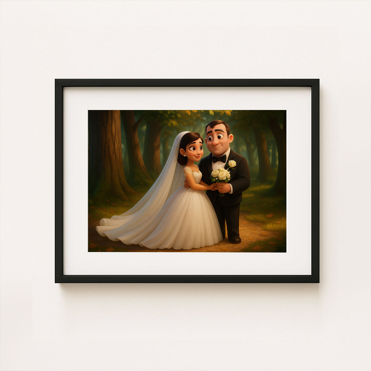 Charming Wedding Bliss: Romantic Couple Illustration Perfect for Home Décor in Whimsical Art Style
 - 1