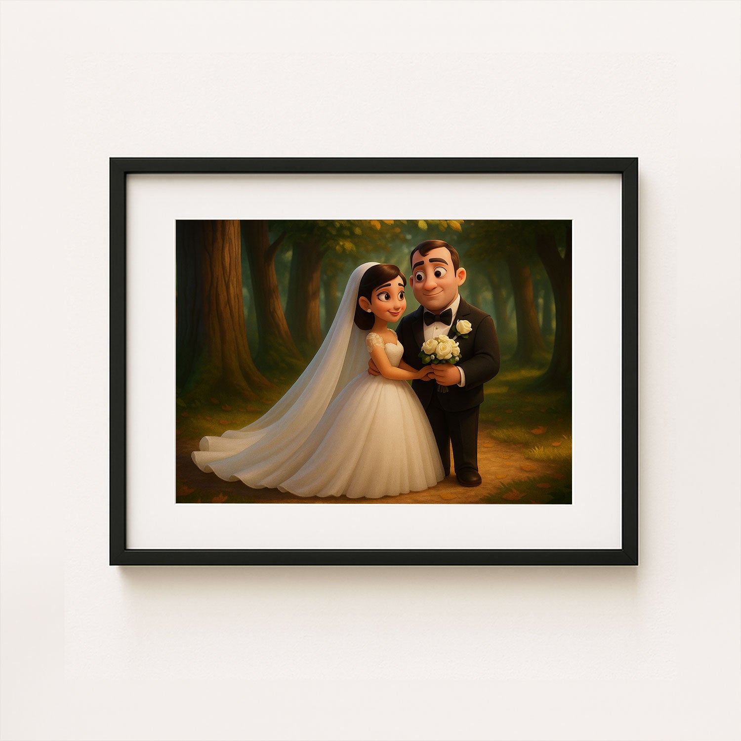 Charming Wedding Bliss: Romantic Couple Illustration Perfect for Home Décor in Whimsical Art Style
 - 1