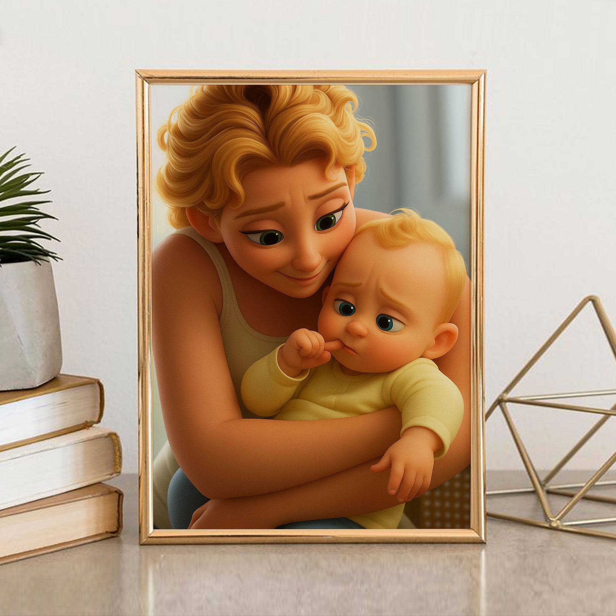 Adorable Mother and Baby Digital Art Print - Heartwarming Cartoon Style for Home Decor and Gift Ideas
 - 1