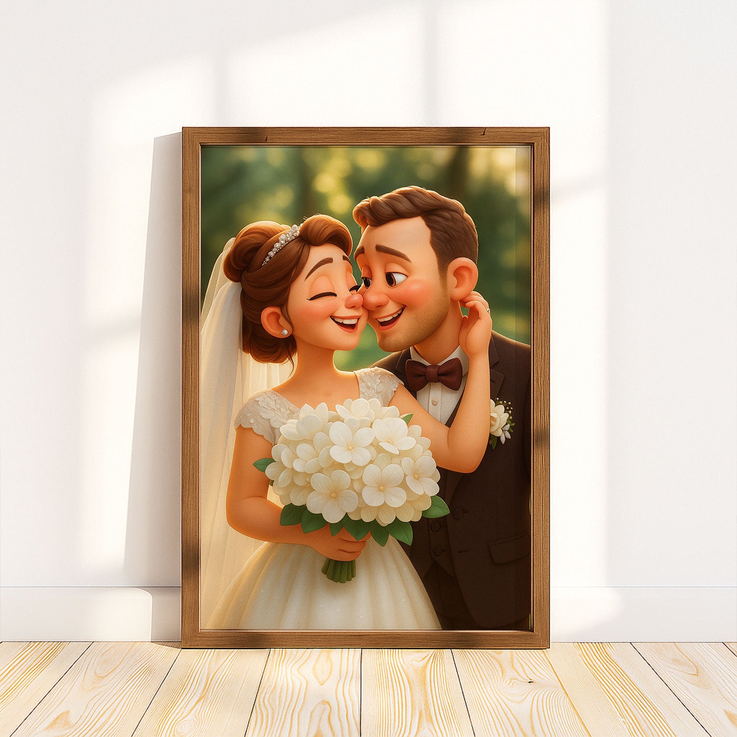 Whimsical Wedding Portrait: Enchanting Couple in Romantic Animation Style with Floral Bouquet
 - 1