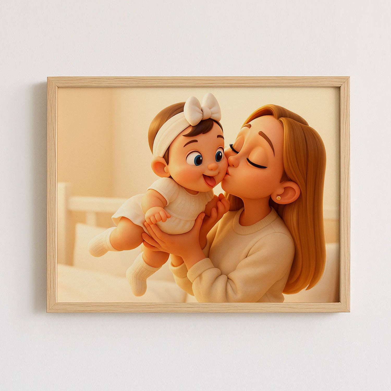 Charming Cartoon Art Print of a Loving Mother and Baby - Heartwarming Home Decor for Family Spaces
 - 1