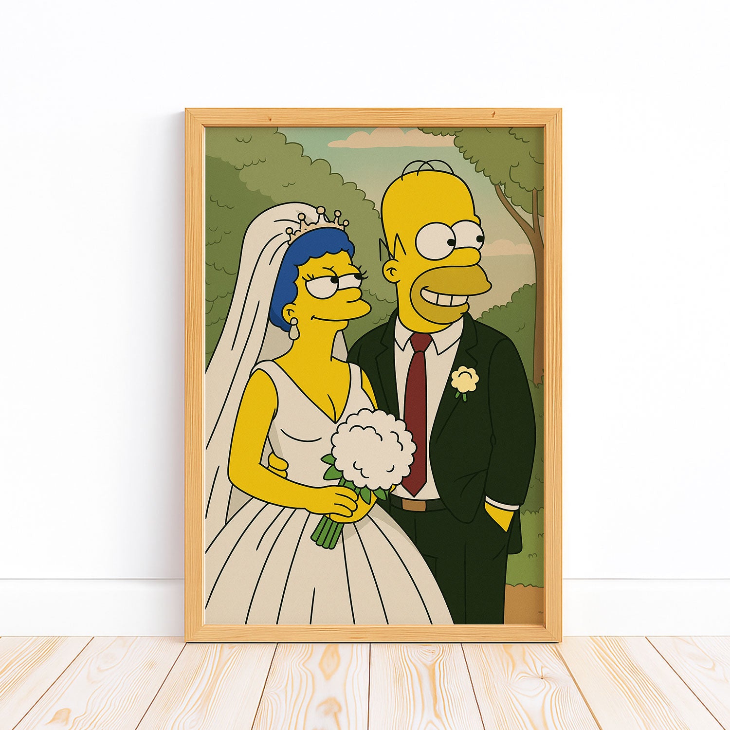Whimsical Cartoon Wedding Portrait - Fun Simpsons Style Artwork for Unique Home Decor
 - 1