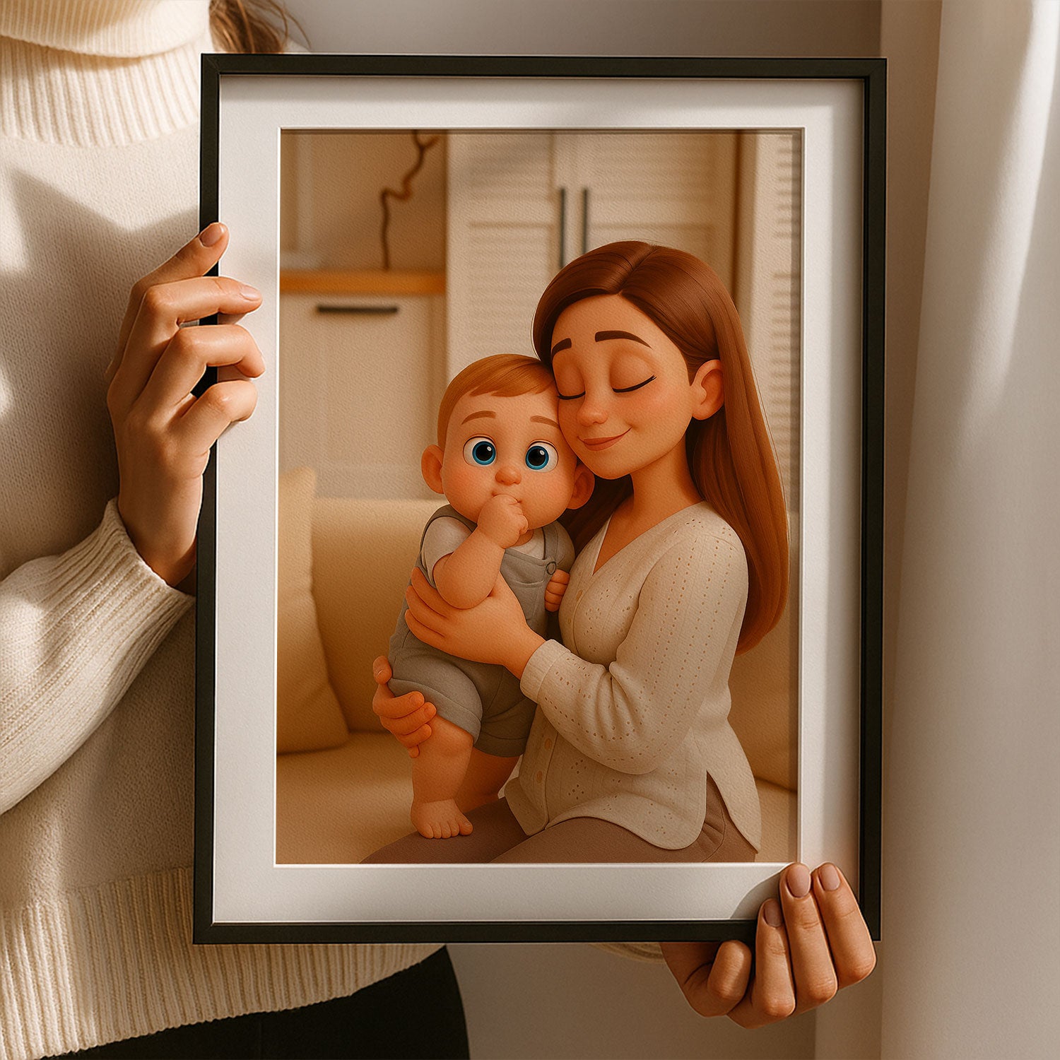 Beautiful Cartoon Art Print of a Loving Mom Embracing Her Baby – Perfect for Nursery Decor and Family Love Inspiration
 - 1