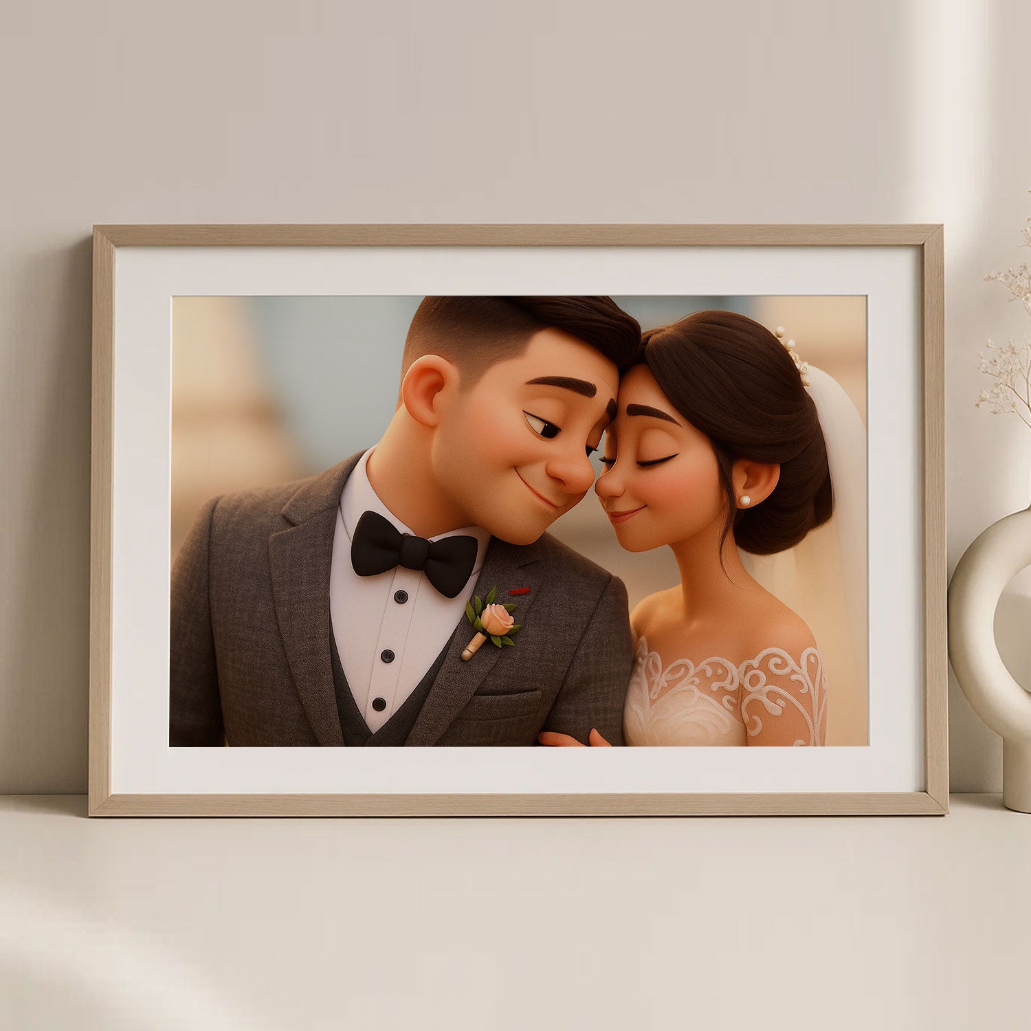Charming Cartoon Wedding Portrait of Happy Couple - Whimsical Art for Love Celebrations
 - 1