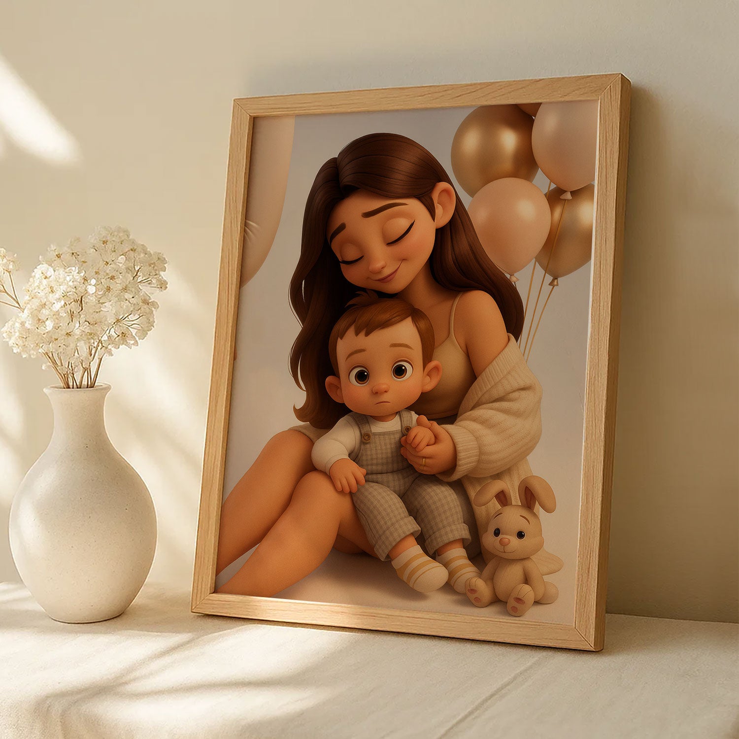 Heartwarming Disney-Inspired Mother and Daughter Art Print - Bright and Cheerful Family Portrait
 - 1