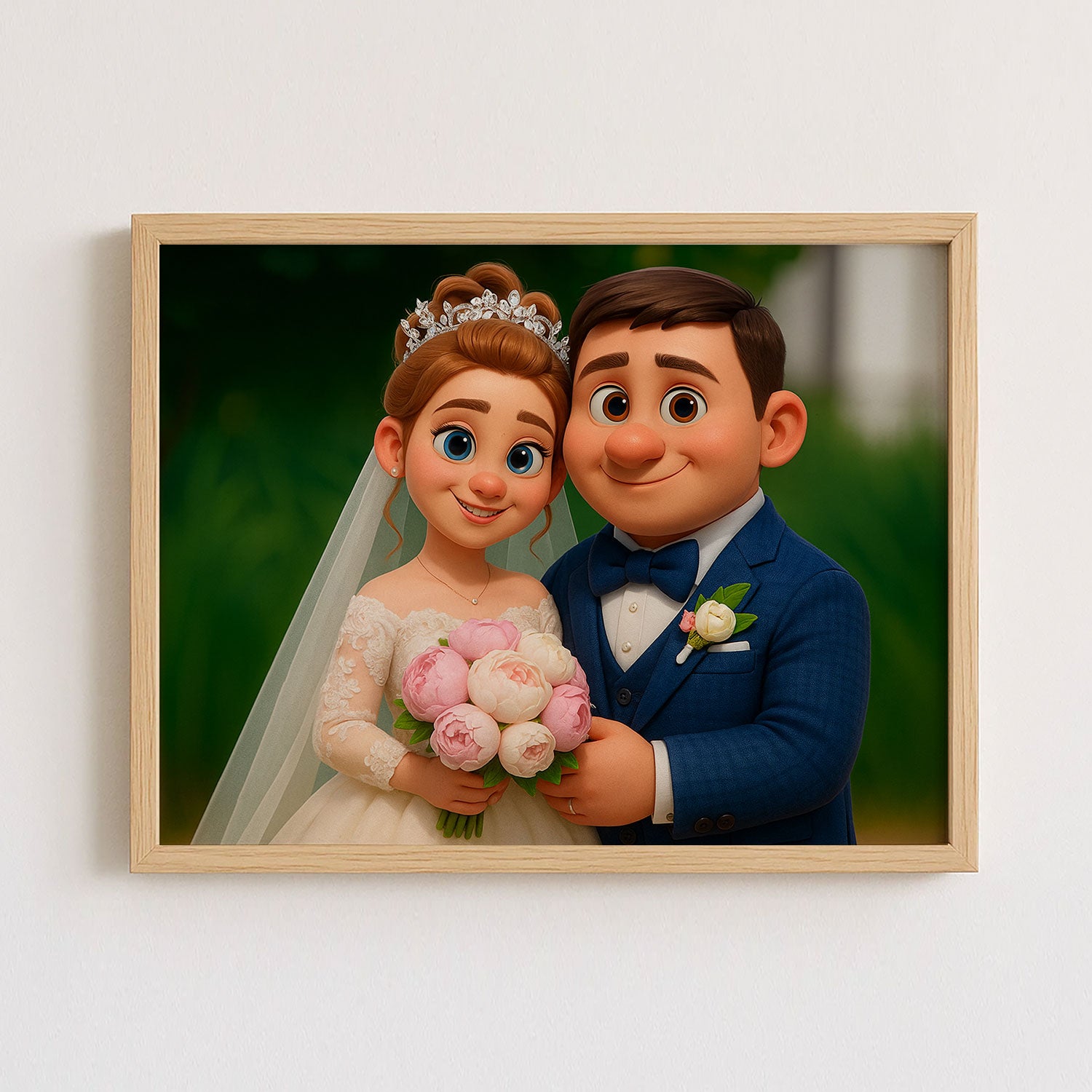 Charming Animated Wedding Portrait: Happy Couple in Whimsical Art Style - Perfect for Home Décor and Gifts
 - 1