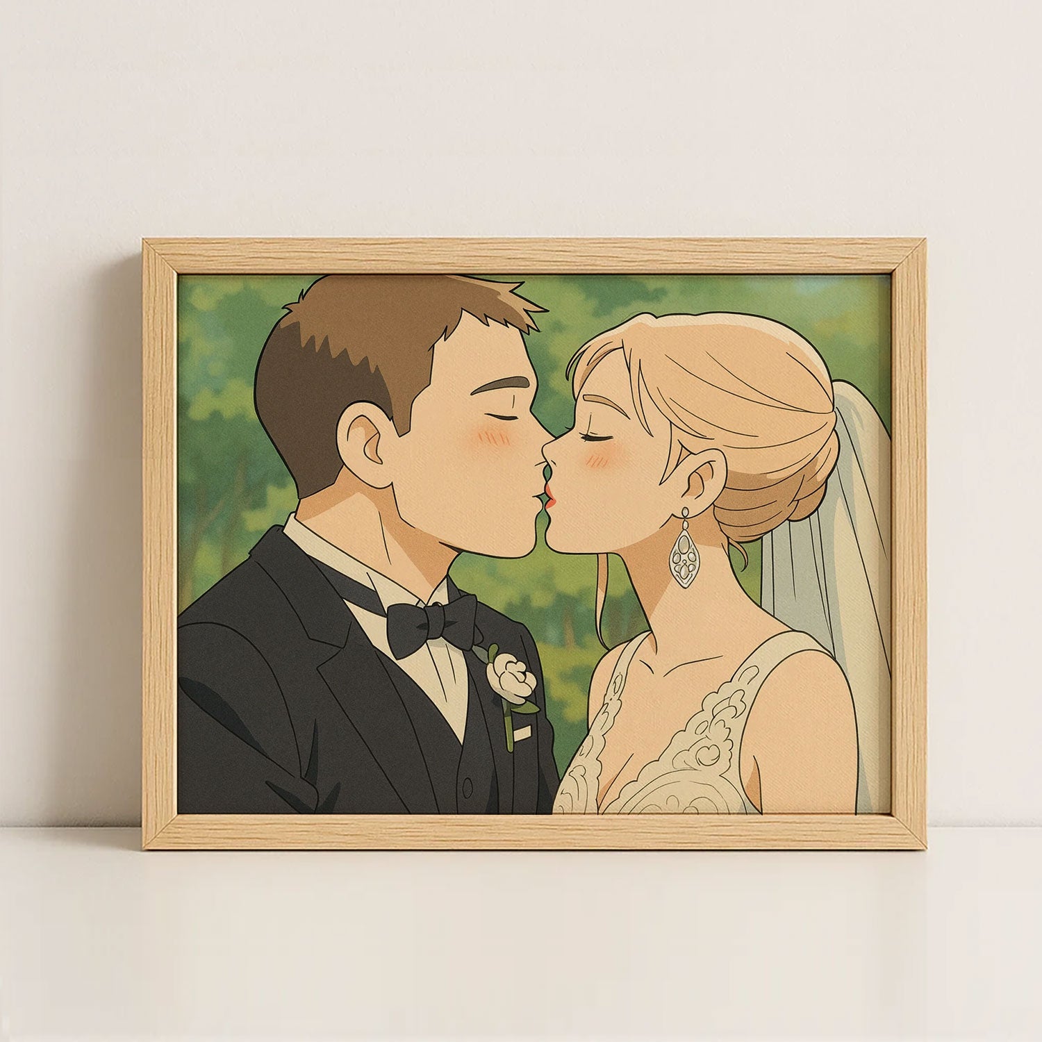 Romantic Wedding Kiss Art Print: Whimsical Couple Embrace in Soft Pastels - Perfect for Home Decor
 - 1