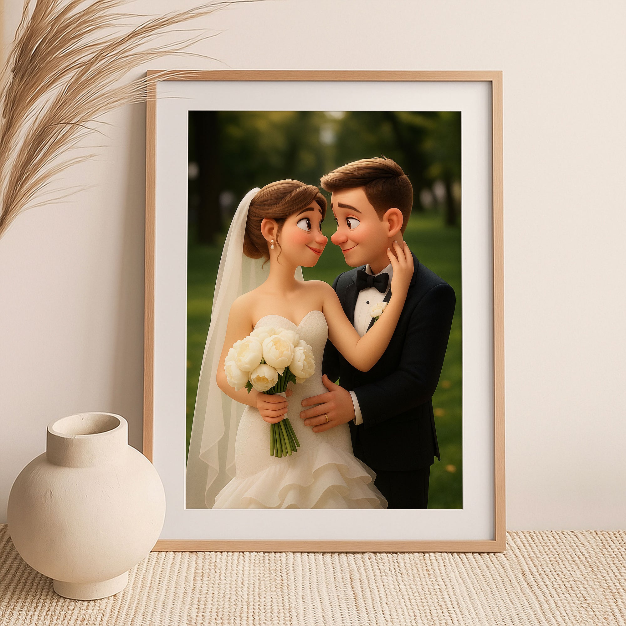 Custom Cartoon Couple Portrait: Romantic Wedding Theme in Vibrant Animated Style
 - 1