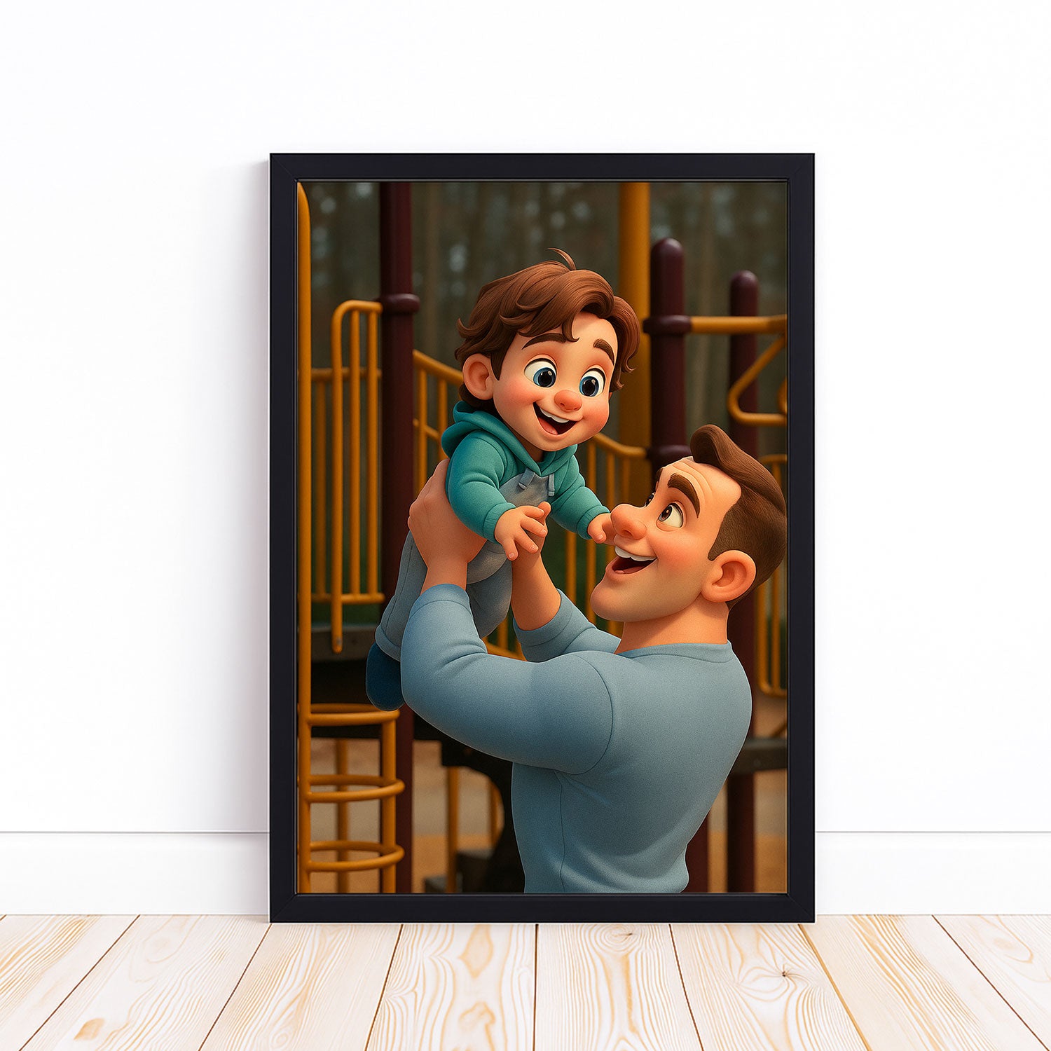 Joyful Swing Moments: Colorful Cartoon Art of a Father and Child at Play
 - 1