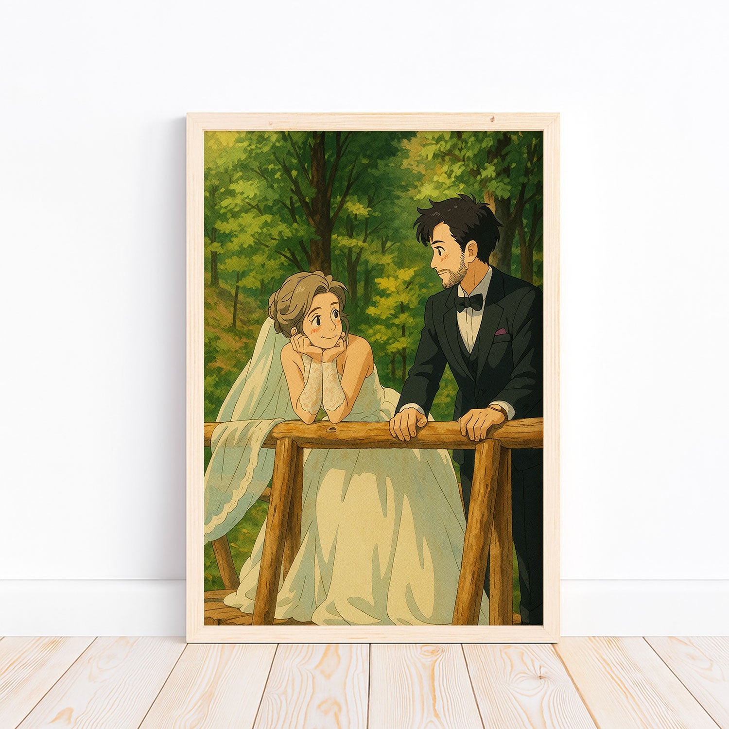 Charming Couple Illustration: Romantic Wedding Art in a Lush Garden Setting
 - 1