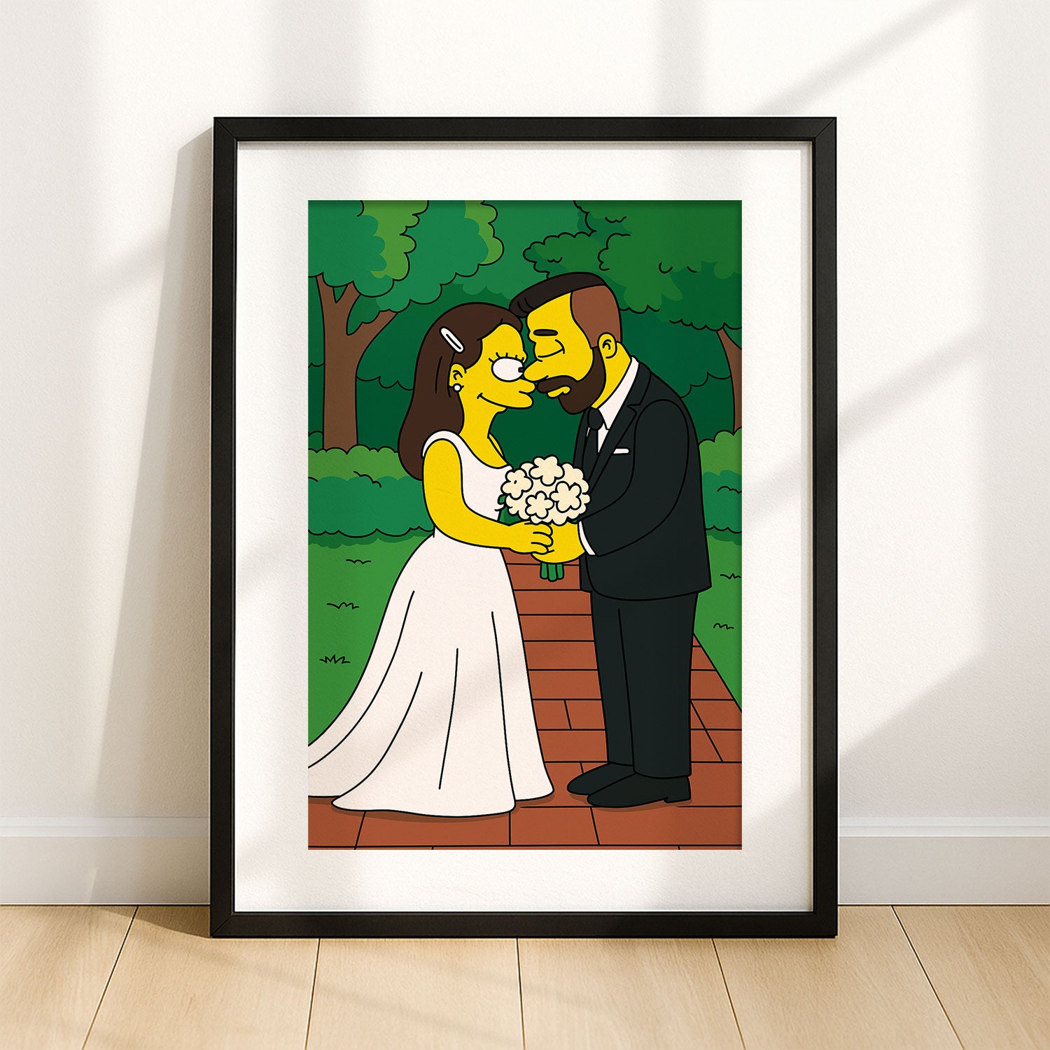 Whimsical Cartoon Wedding Artwork: Fun Simpsons-Inspired Bride and Groom Illustration
 - 1