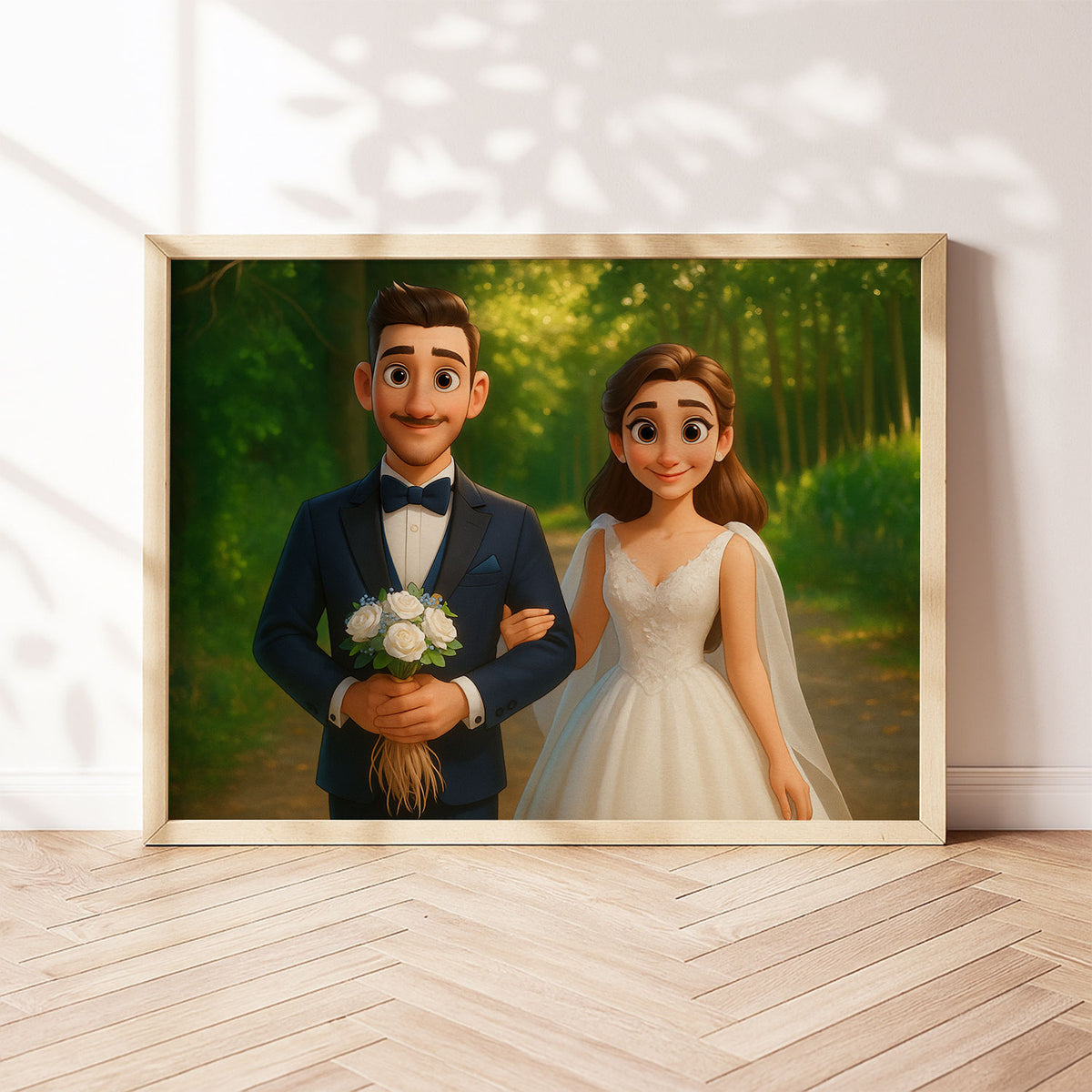 Charming Animated Wedding Portrait: Romantic Couple in Lush Greenery
 - 1