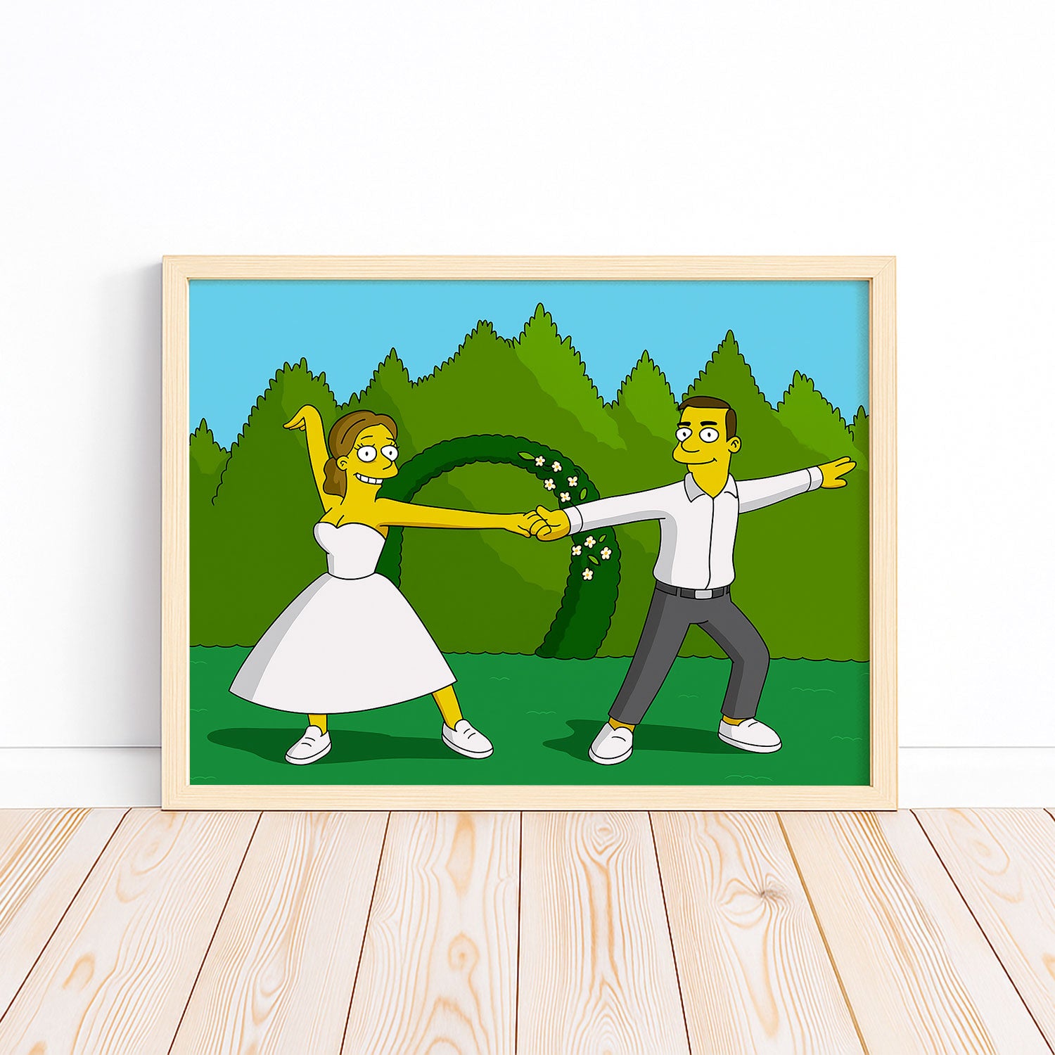 Whimsical Cartoon Wedding Art Print Featuring Homer and Marge in Iconic Simpsons Style
 - 1