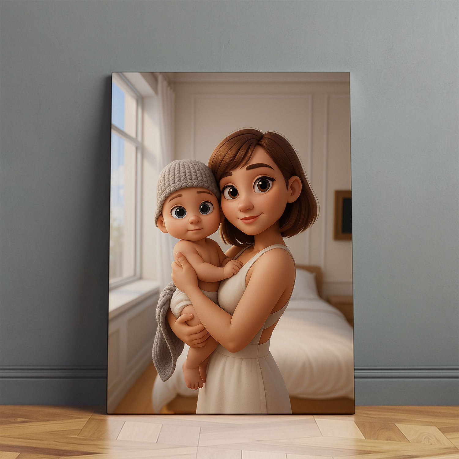 Heartwarming Cartoon Style Artwork of Mother Holding Sleeping Baby – Perfect Wall Decor for Nursery and Family Spaces
 - 1