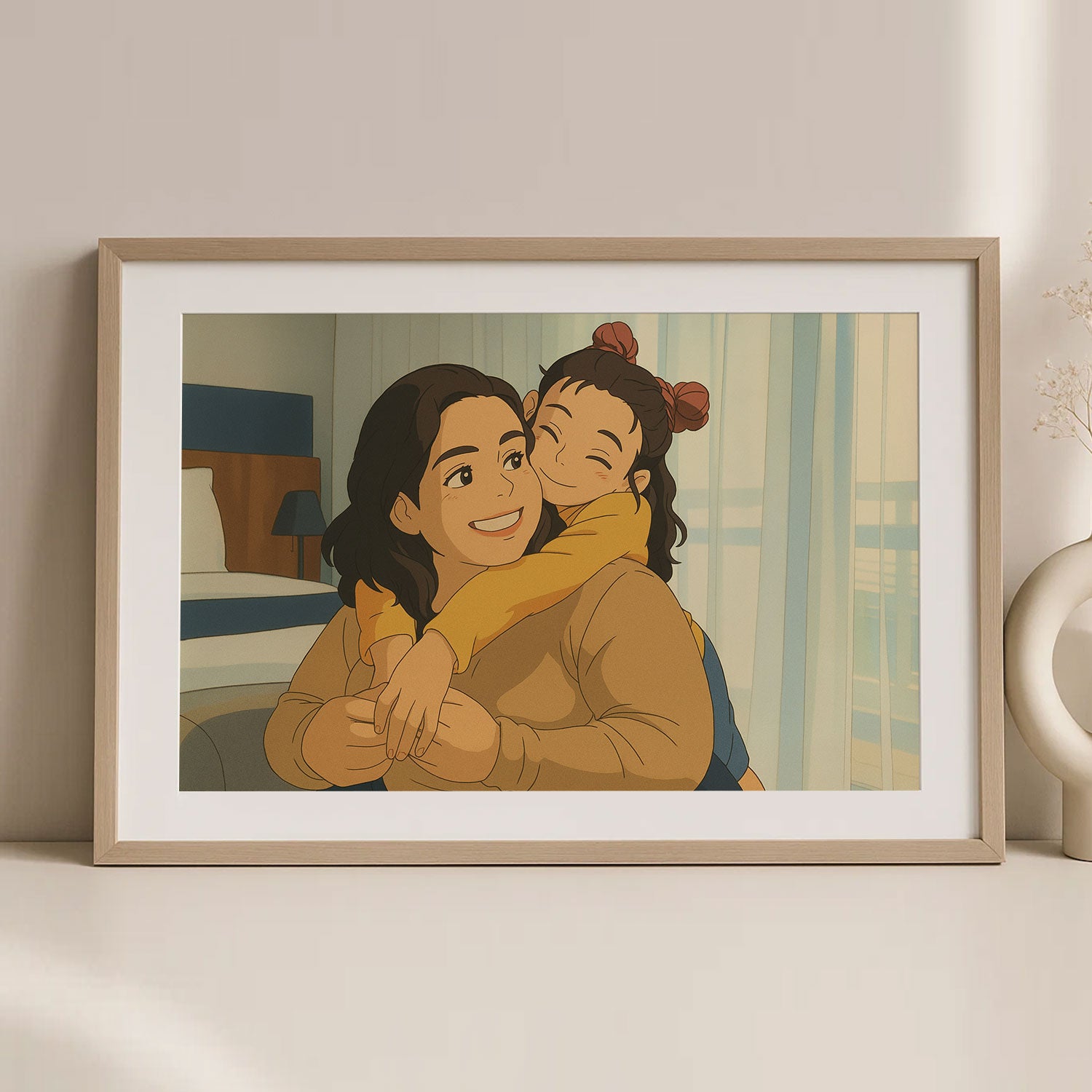 Joyful Bond: Colorful Cartoon Art of a Mother and Daughter Sharing Laughter and Love
 - 1