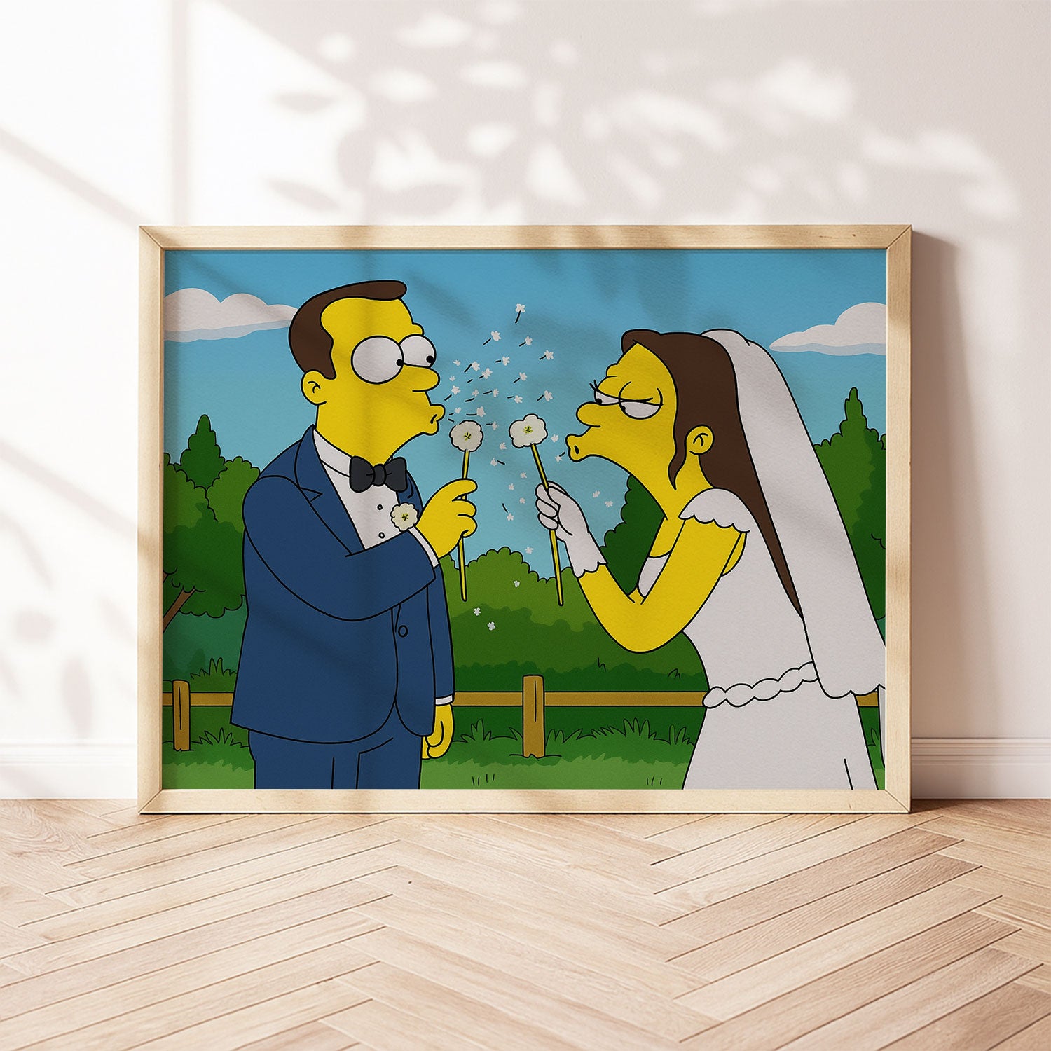 Charming Simpsons Wedding Art Print: Homer and Marge Celebrate Love in Vibrant Cartoon Style
 - 1