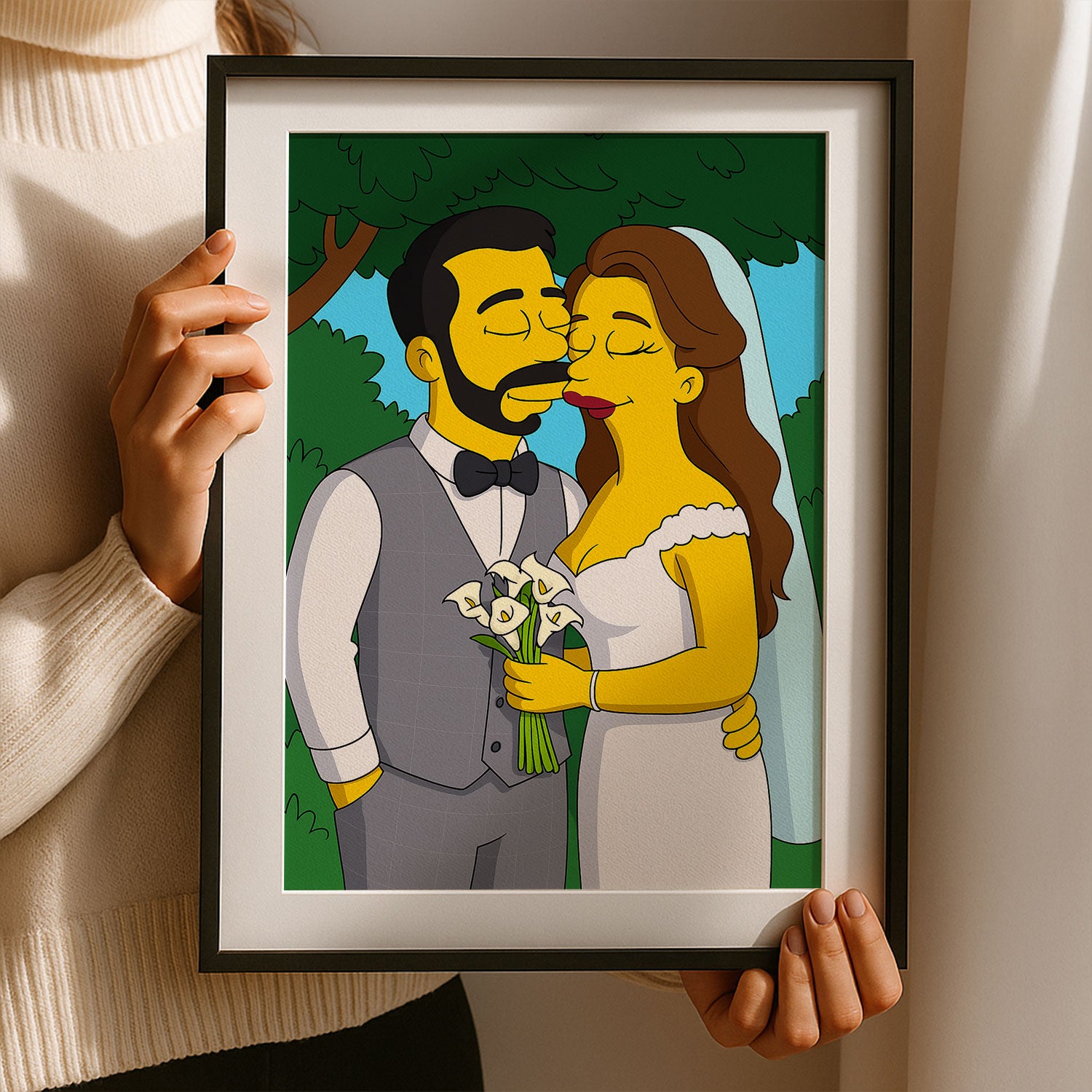 Whimsical Cartoon Wedding Art Print of Homer and Marge Simpson Kissing in Vibrant Colors
 - 1